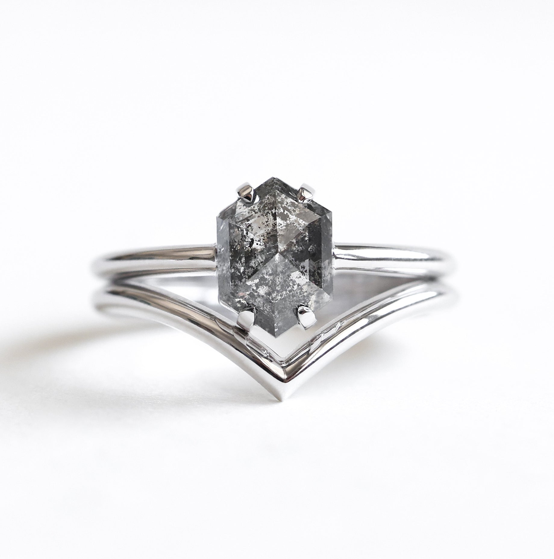 Hexagon salt and pepper diamond ring set - 18k white gold