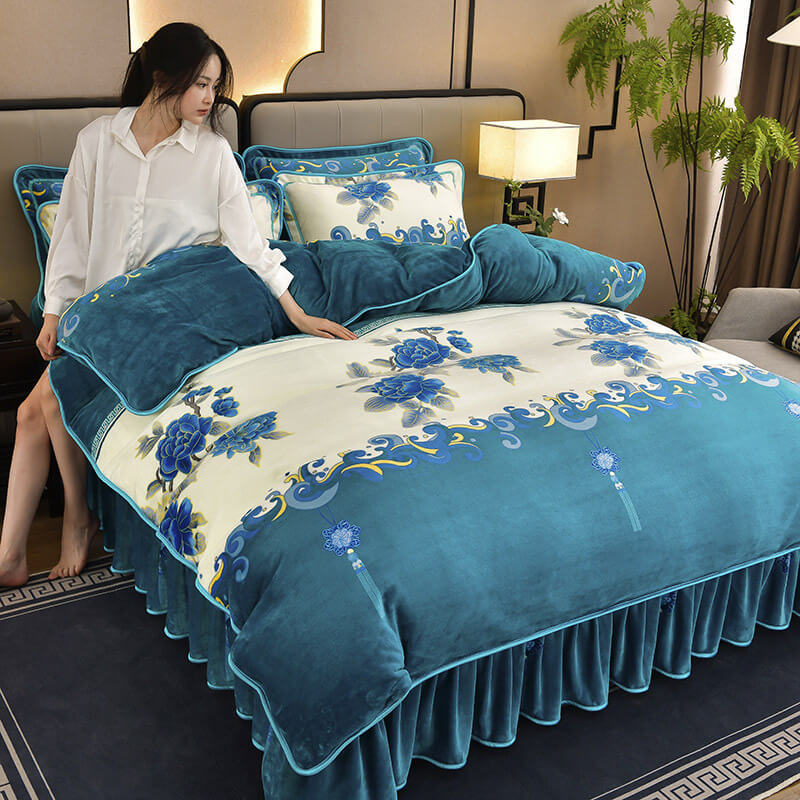 Homely Floral Milk Velvet Comfortable Bed Sheet Set With Bed Skirt, Style 3 - King(4 pcs)