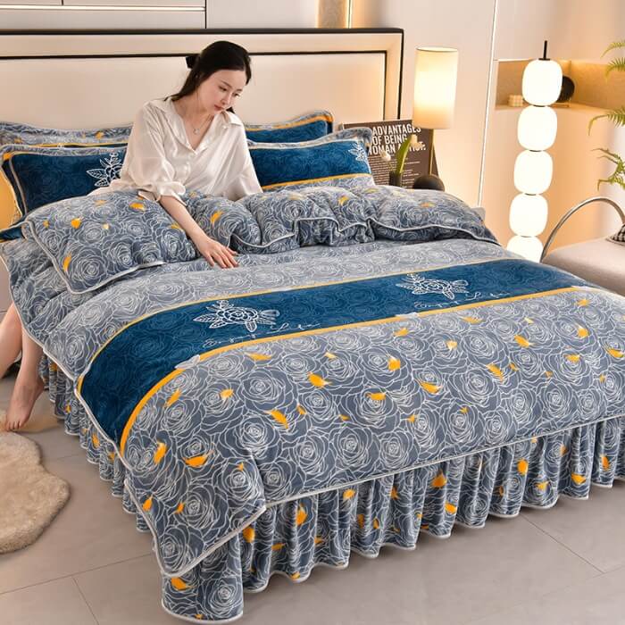 Homely Floral Milk Velvet Comfortable Bed Sheet Set With Bed Skirt, Style 5 - Queen(4 pcs)