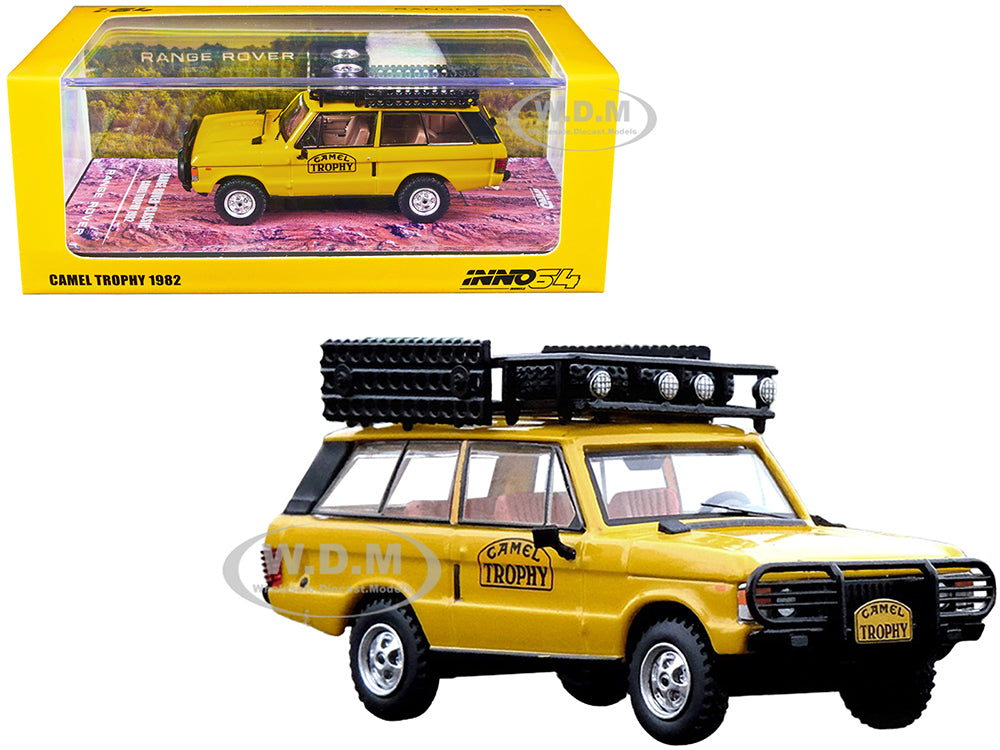 Land Rover Range Rover Classic "Camel Trophy 1982" Yellow with Roof Rack Tool Box and 4 Oil Container Accessories 1-64 Diecast Model Car by Inno Mode