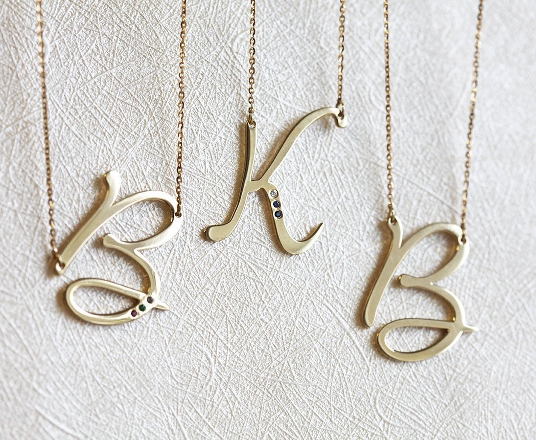 Initial Letter Necklace, Big Birthstone Gift - yellow vermeil w- stones
