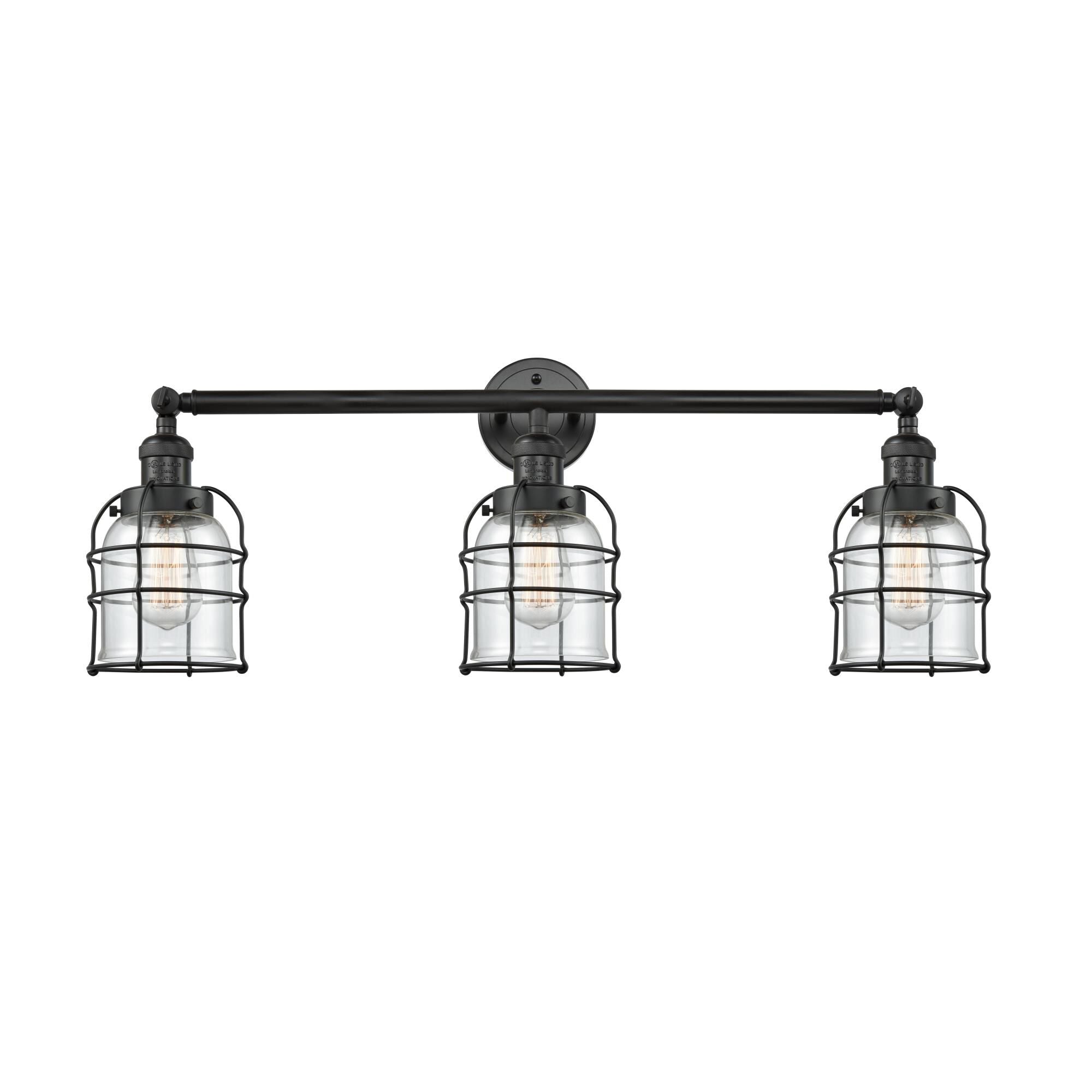 Innovations Lighting Bruno Marashlian Small Bell Cage 31 Inch 3 Light Bath Vanity Light Small Bell Cage - 205-BK-G52-CE - Industrial