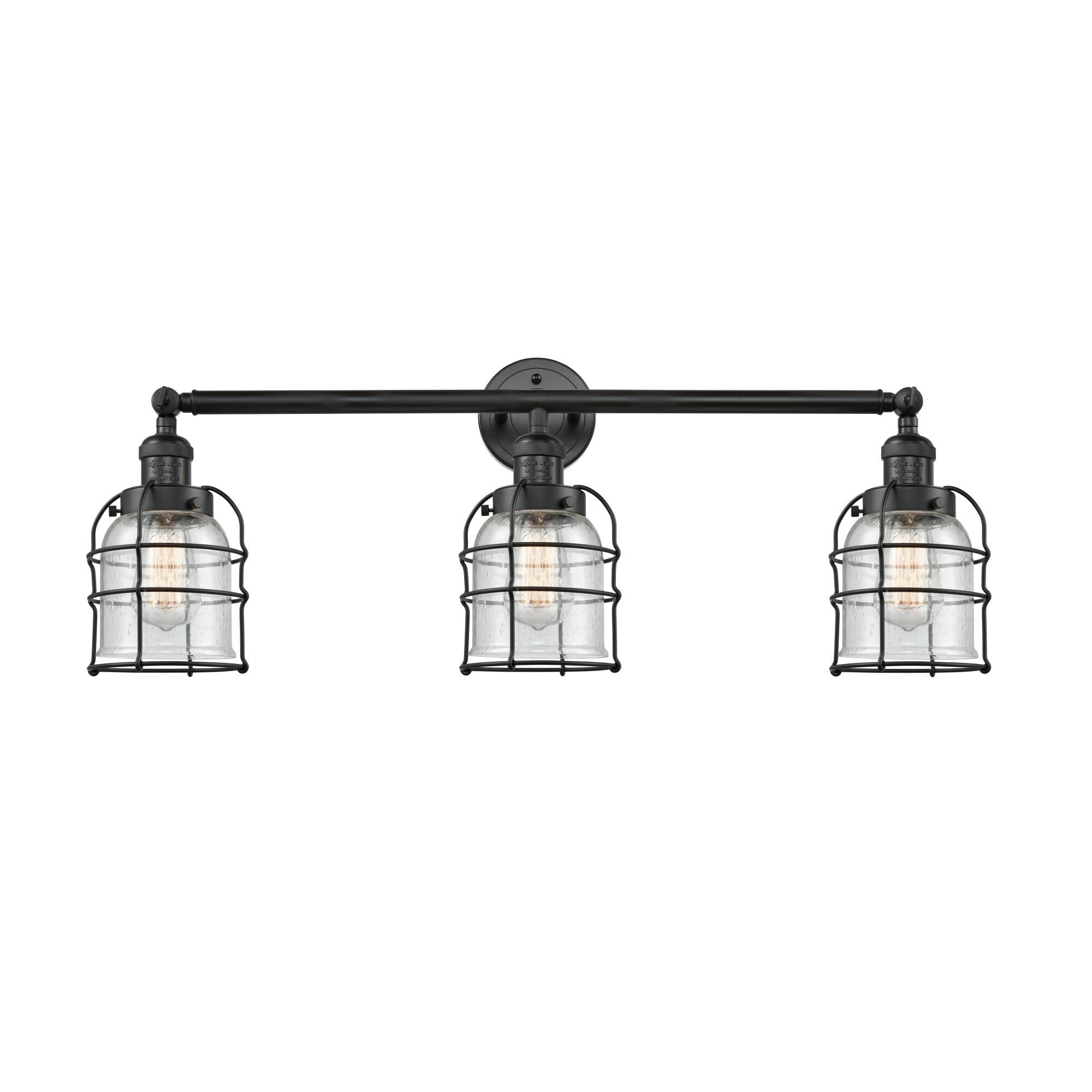 Innovations Lighting Bruno Marashlian Small Bell Cage 31 Inch 3 Light Bath Vanity Light Small Bell Cage - 205-BK-G54-CE - Industrial