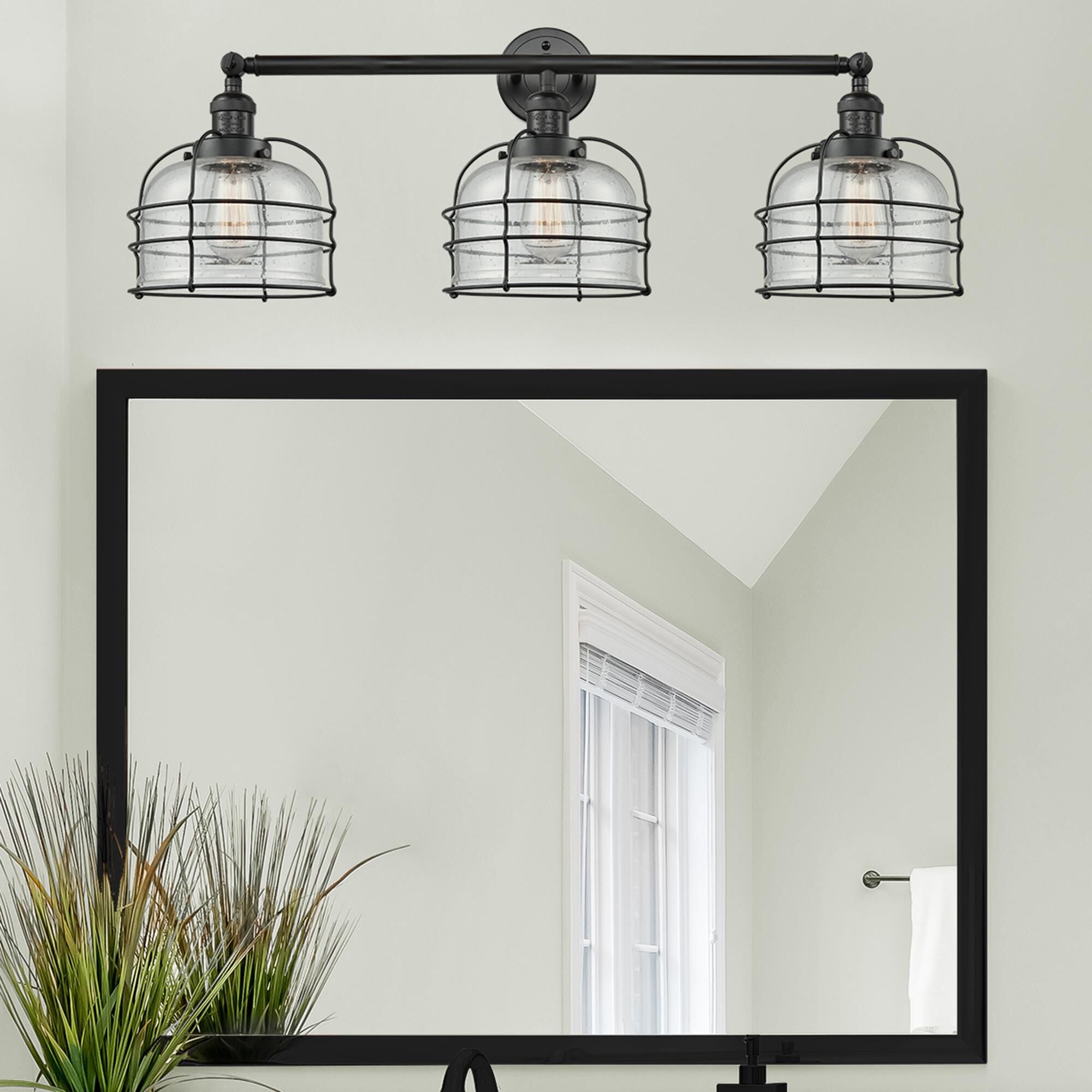 Innovations Lighting Bruno Marashlian Large Bell Cage 34 Inch 3 Light Bath Vanity Light Large Bell Cage - 205-BK-G74-CE - Industrial