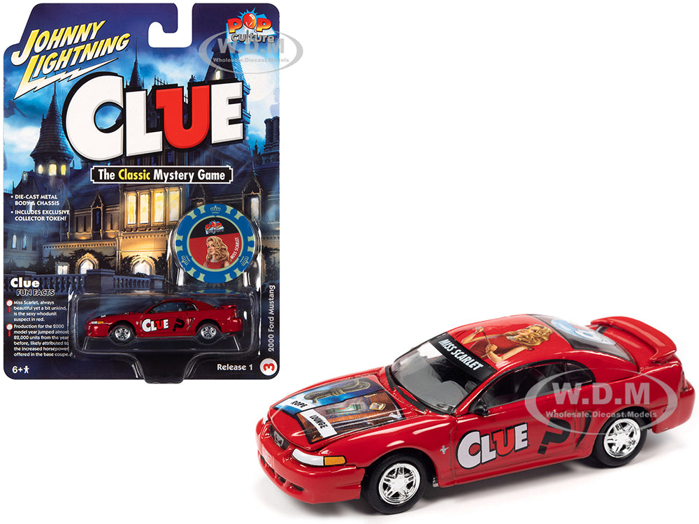 2000 Ford Mustang "Miss Scarlet" Red with Graphics with Poker Chip (Collector Token) "Modern Clue" "Pop Culture" 2022 Release 1 1-64 Diecast Model Ca
