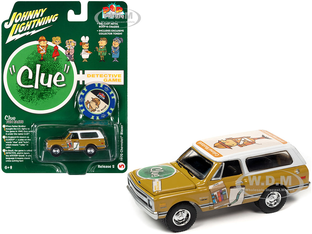 1970 Chevrolet Blazer Mustard Yellow with White Top (Colonel Mustard) w-Poker Chip Collectors Token "Vintage Clue" "Pop Culture" 2022 Release 2 1-64