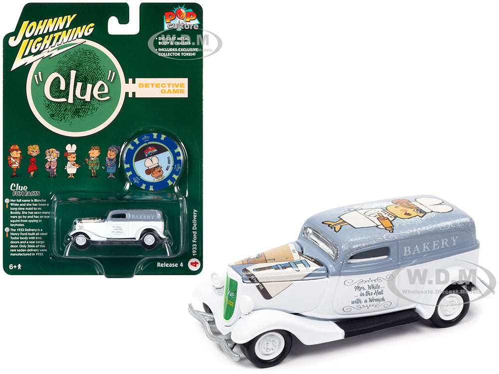 1933 Ford Delivery Van White with Gray Top (Mrs. White) with Poker Chip Collectors Token "Vintage Clue" "Pop Culture" 2022 Release 4 1-64 Diecast Mod