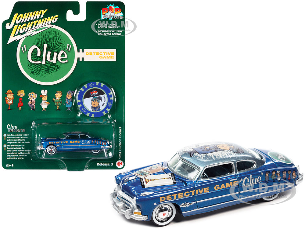 1951 Hudson Hornet Blue Metallic "Vintage Clue Mrs. Peacock" with Poker Chip Collectors Token "Pop Culture" 2022 Release 3 1-64 Diecast Model Car by