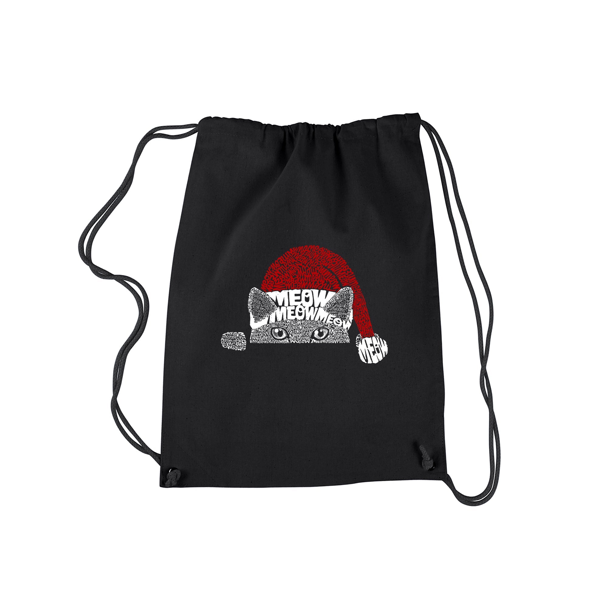 Christmas Peeking Cat - Drawstring Backpack - SMALL - Black