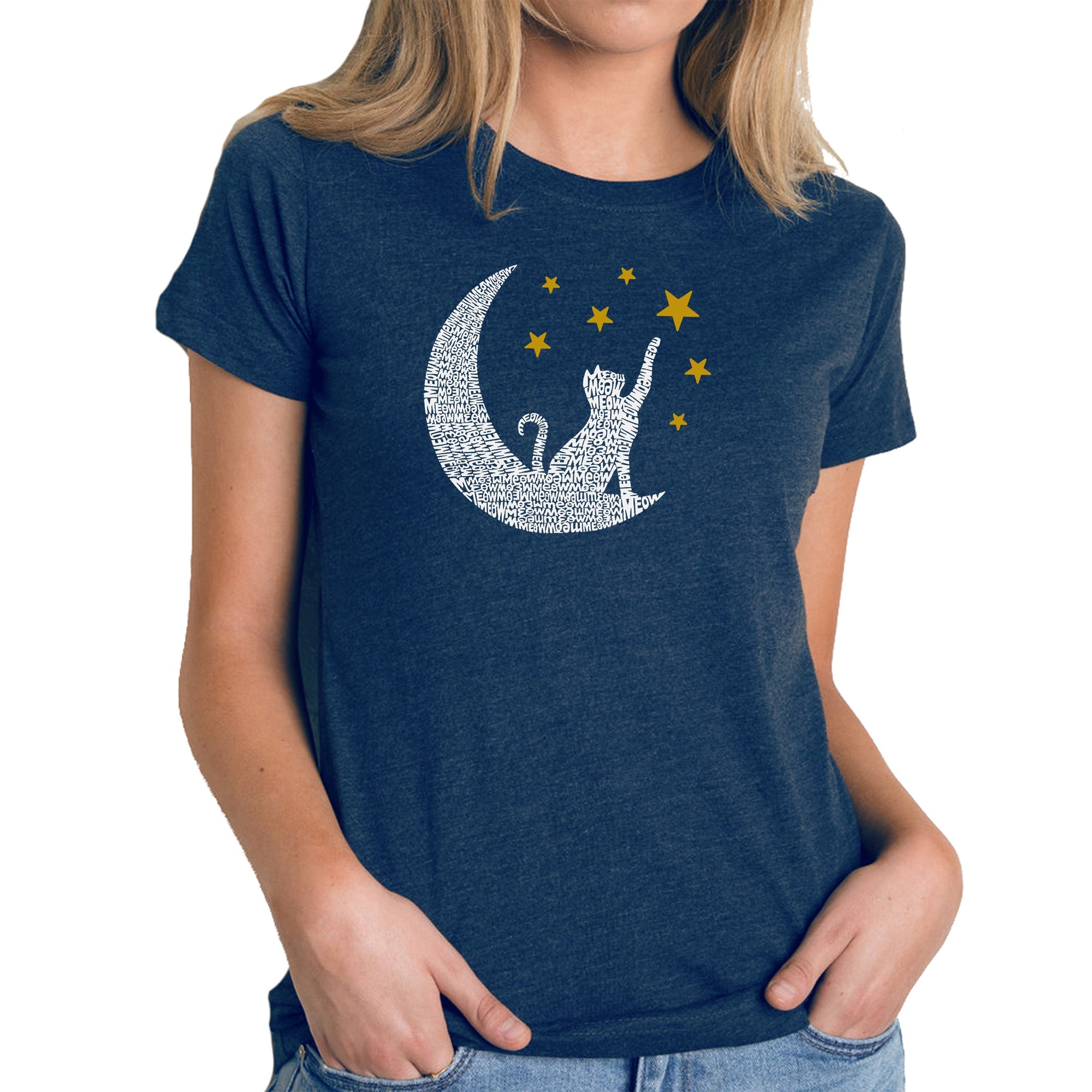 Cat Moon - Women's Premium Blend Word Art T-Shirt - Navy - Medium