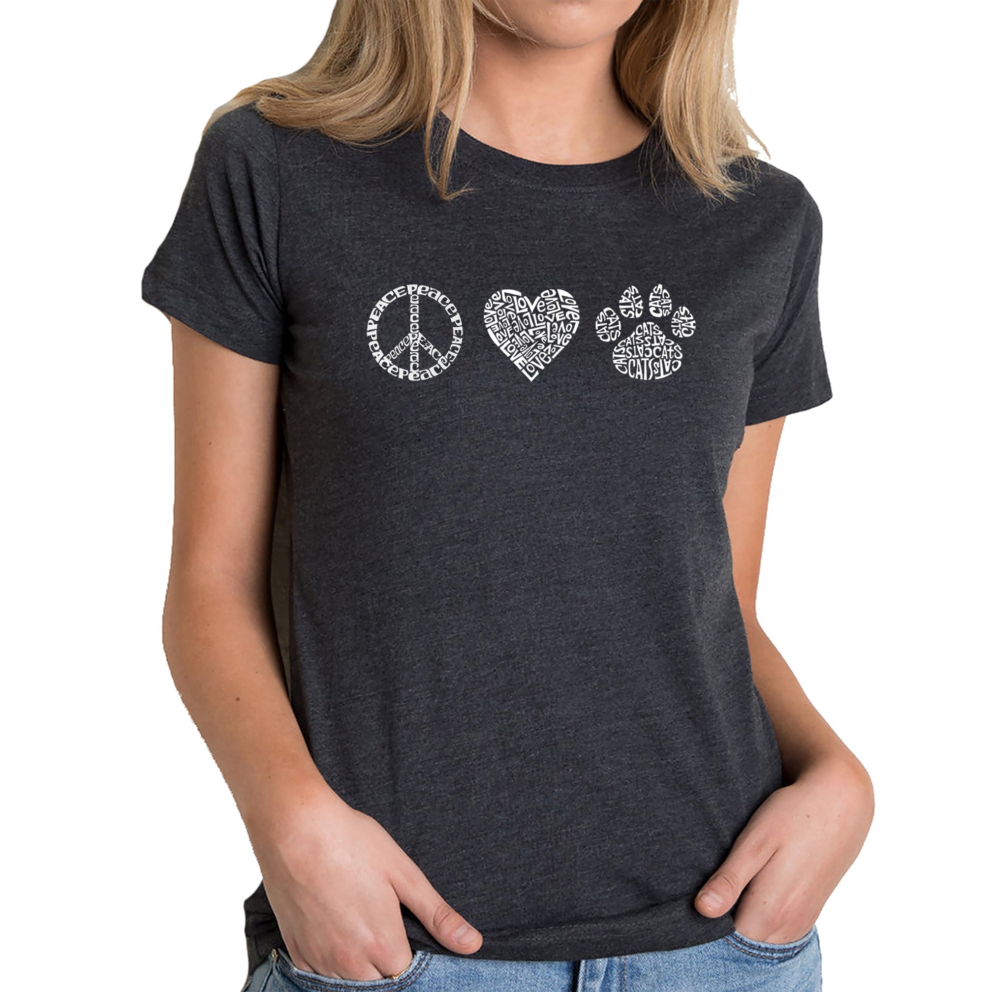 Peace Love Cats - Women's Premium Blend Word Art T-Shirt - Black - Small
