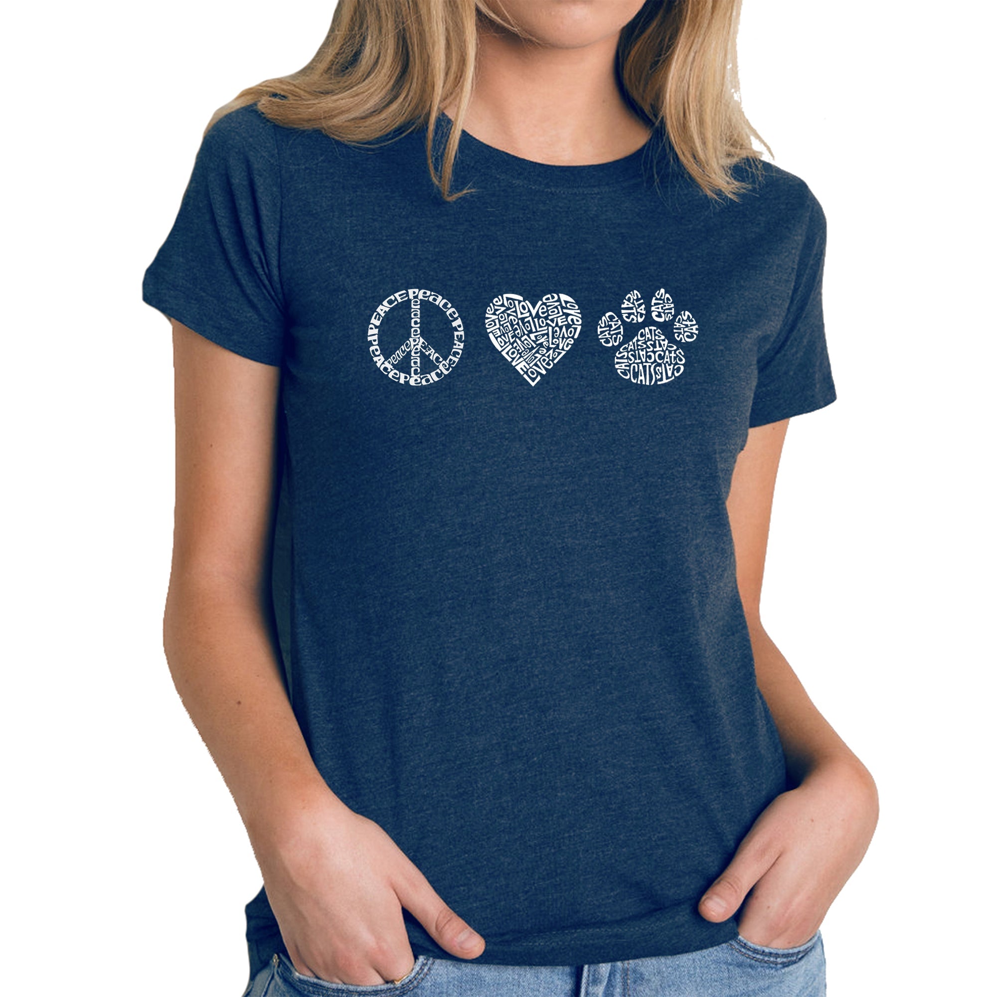 Peace Love Cats - Women's Premium Blend Word Art T-Shirt - Navy - Large