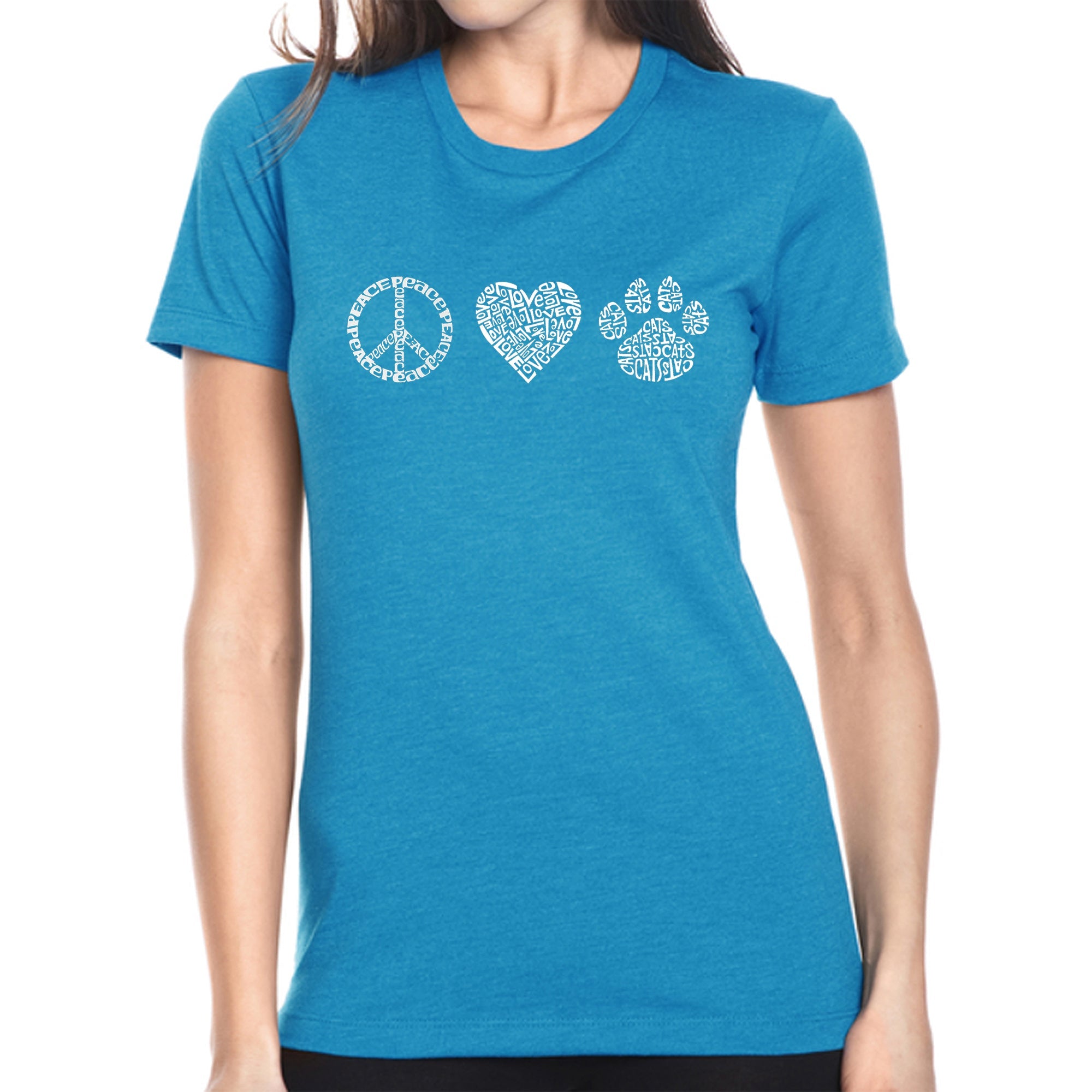Peace Love Cats - Women's Premium Blend Word Art T-Shirt - Turquoise - Medium