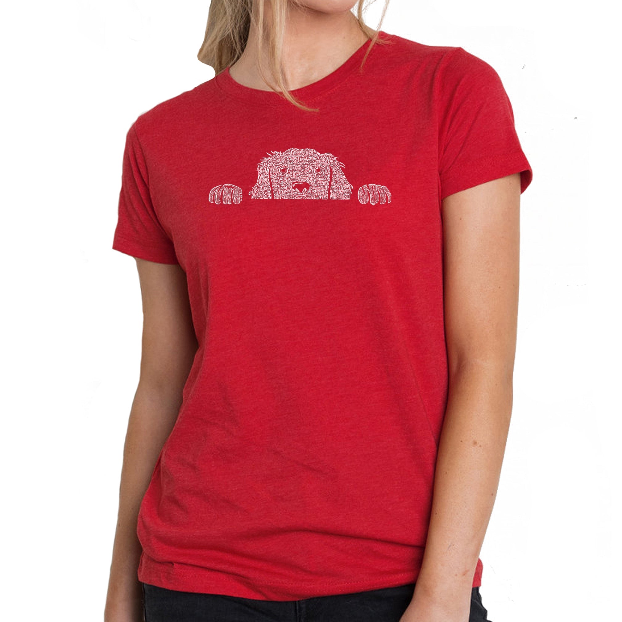 Peeking Dog - Women's Premium Blend Word Art T-Shirt - Red - Large