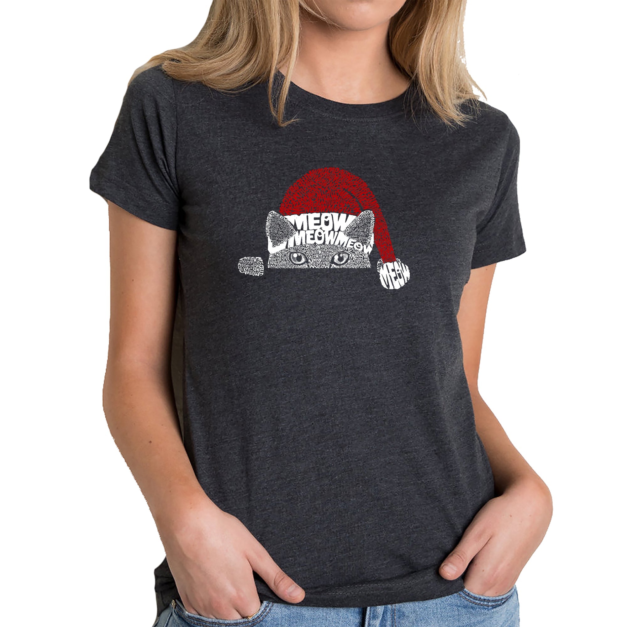Christmas Peeking Cat - Women's Premium Blend Word Art T-Shirt - Black - X-Large