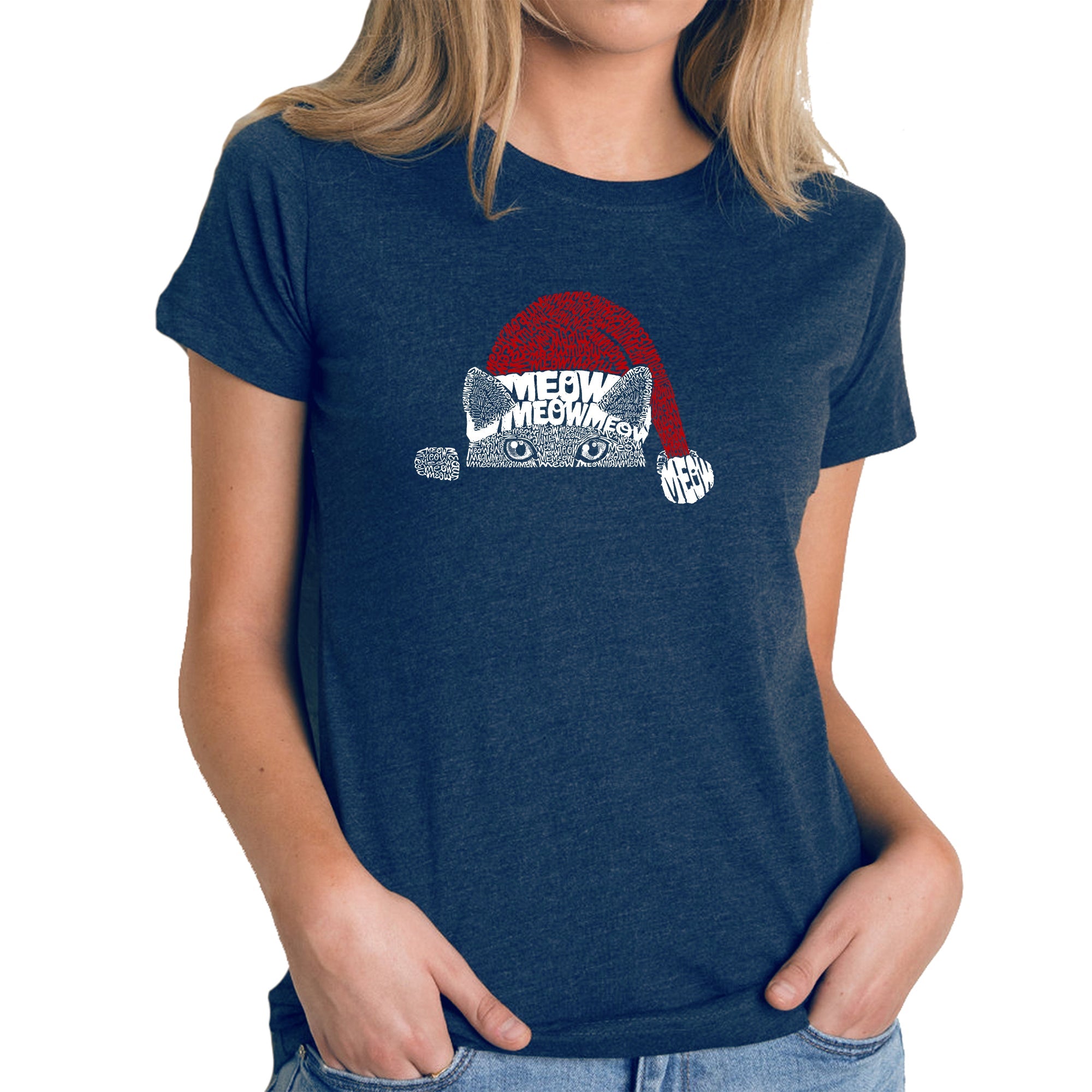 Christmas Peeking Cat - Women's Premium Blend Word Art T-Shirt - Navy - XX-Large
