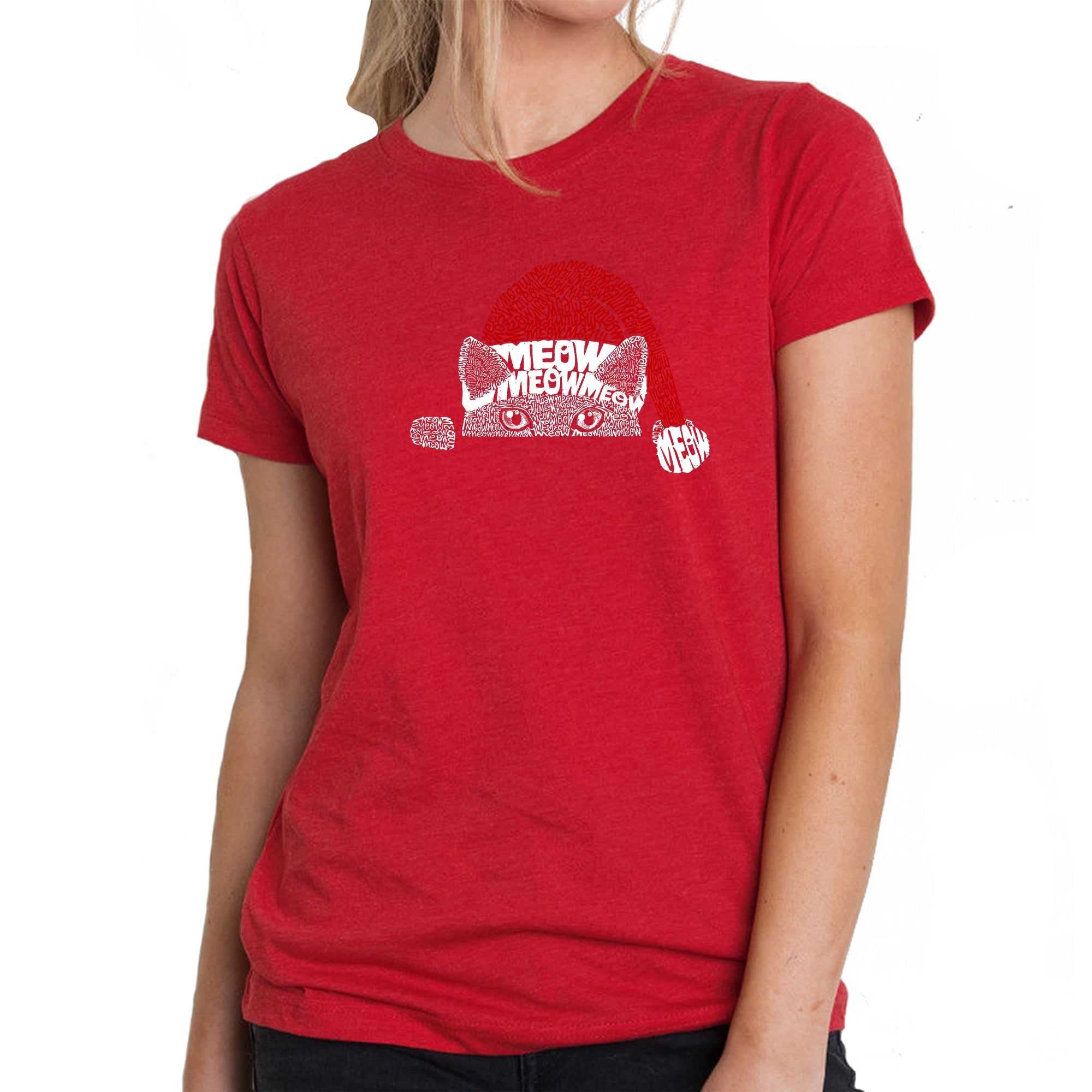 Christmas Peeking Cat - Women's Premium Blend Word Art T-Shirt - Red - Medium