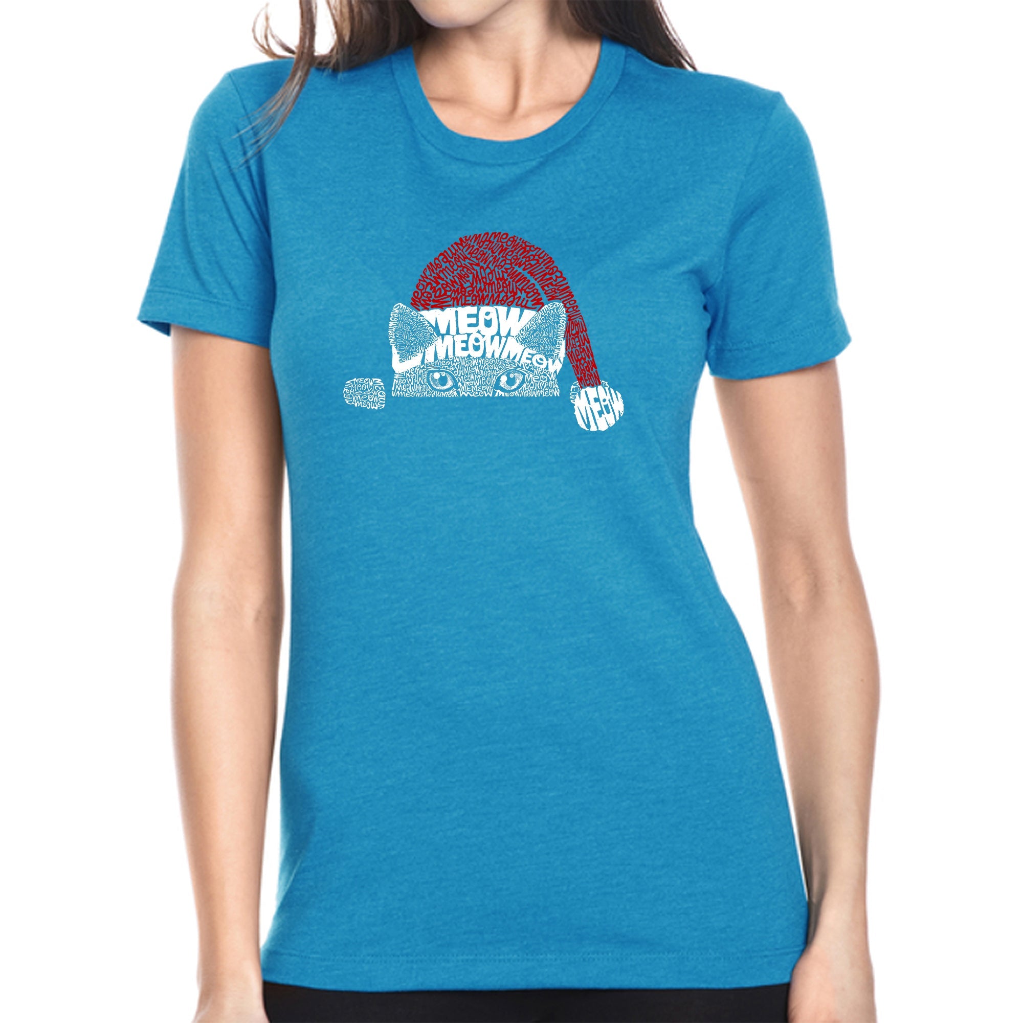 Christmas Peeking Cat - Women's Premium Blend Word Art T-Shirt - Turquoise - Medium