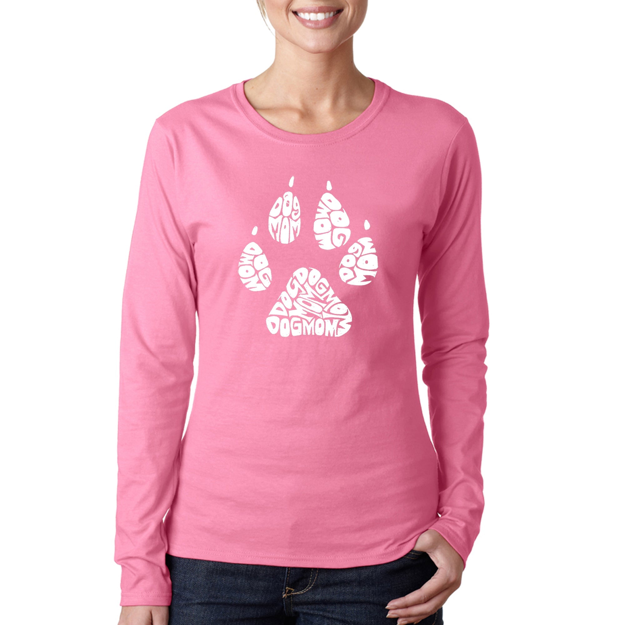 Dog Mom - Women's Word Art Long Sleeve T-Shirt - Pink - Medium