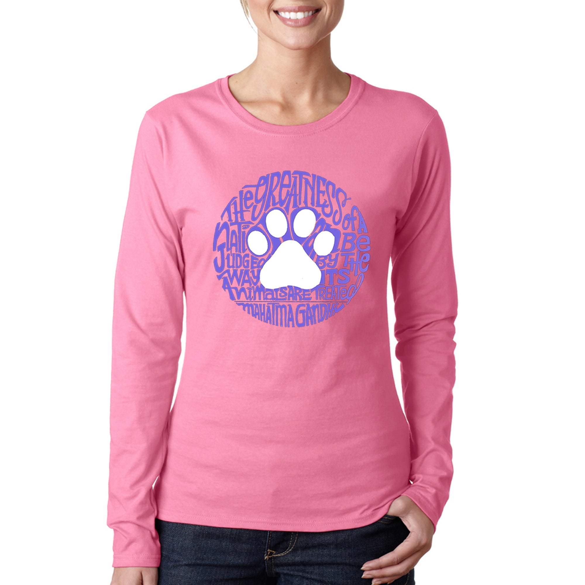 Gandhi's Quote on Animal Treatment - Women's Word Art Long Sleeve T-Shirt - Pink - X-Large