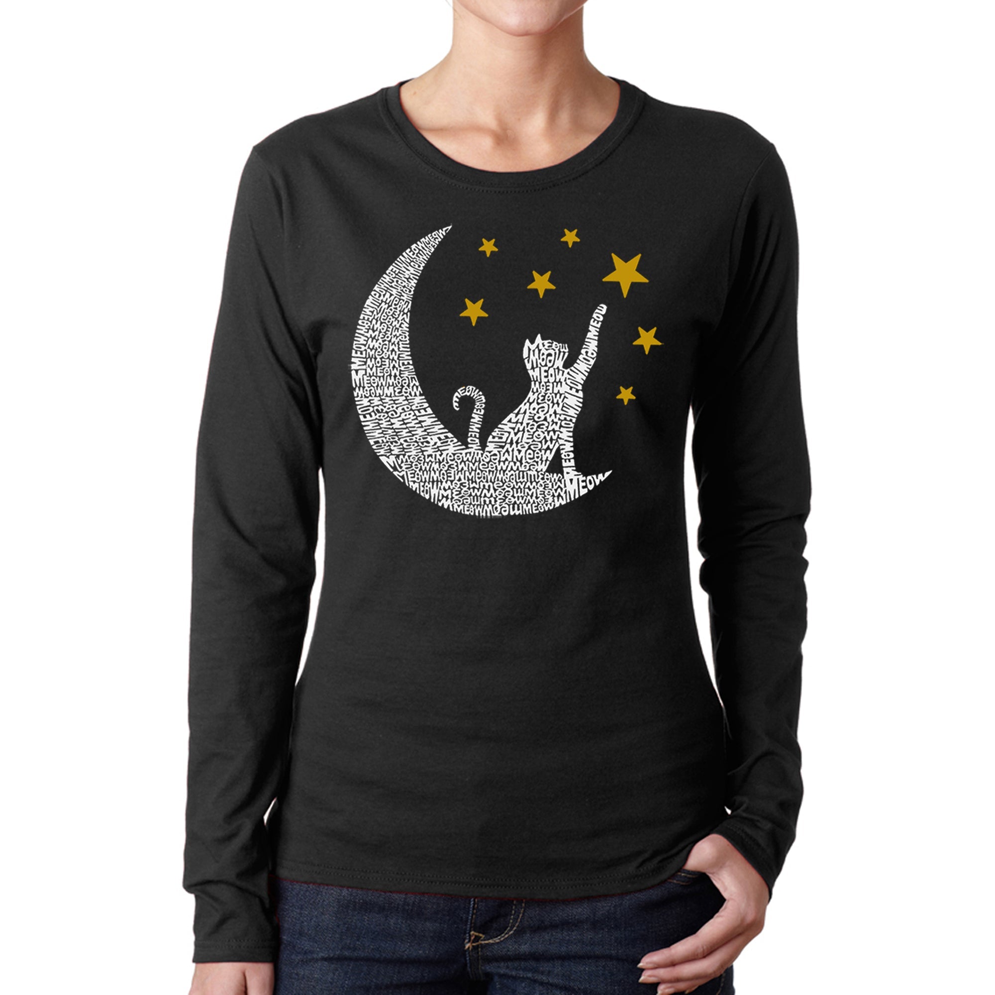 Cat Moon - Women's Word Art Long Sleeve T-Shirt - Black - XXX-Large