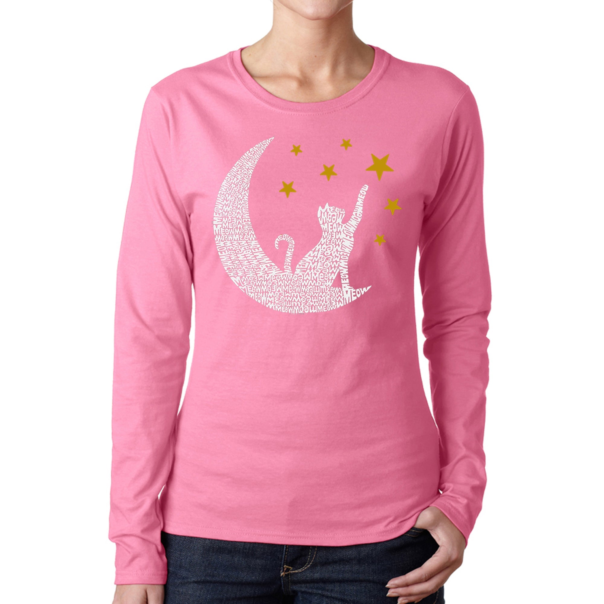 Cat Moon - Women's Word Art Long Sleeve T-Shirt - Pink - XX-Large