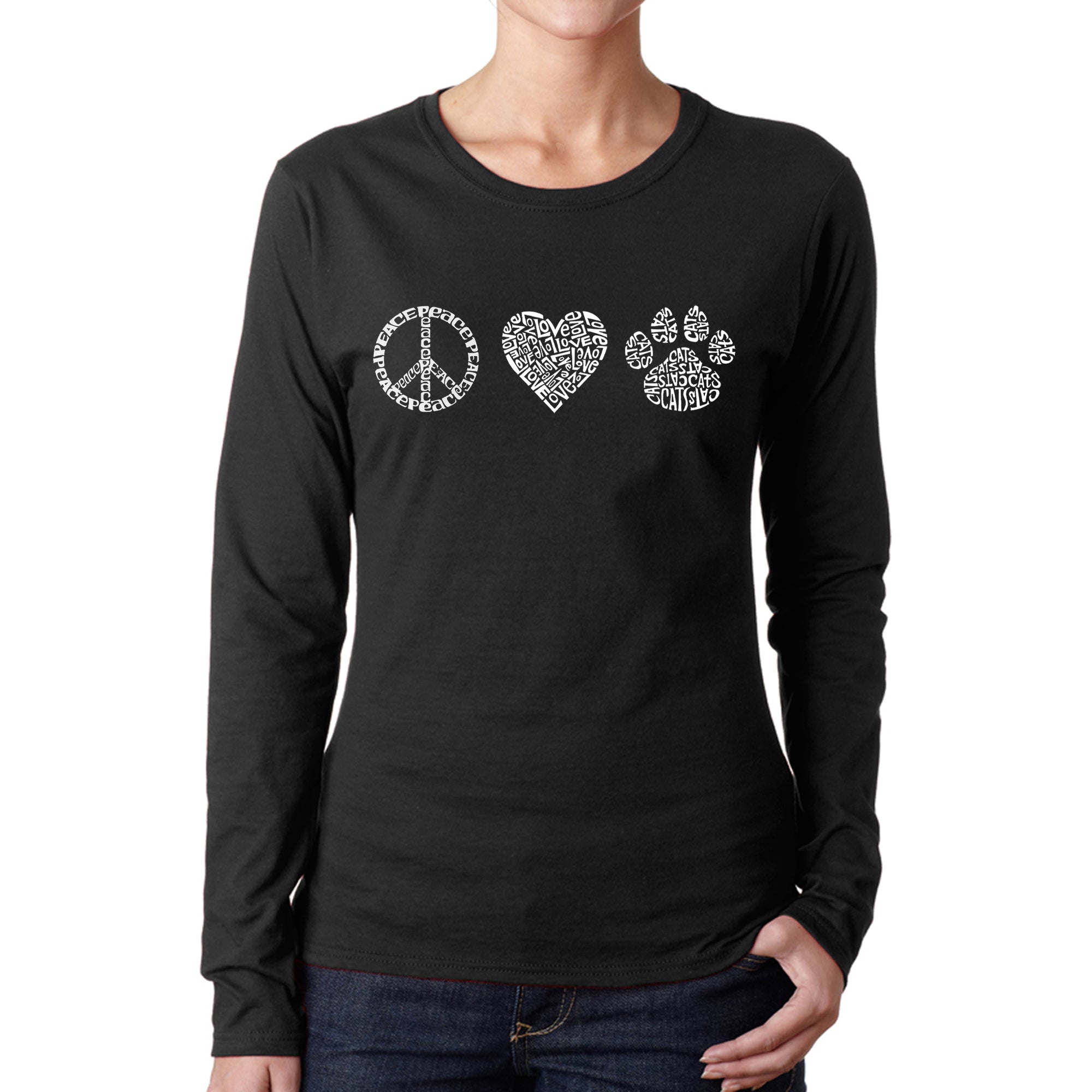 Peace Love Cats - Women's Word Art Long Sleeve T-Shirt - Black - Medium