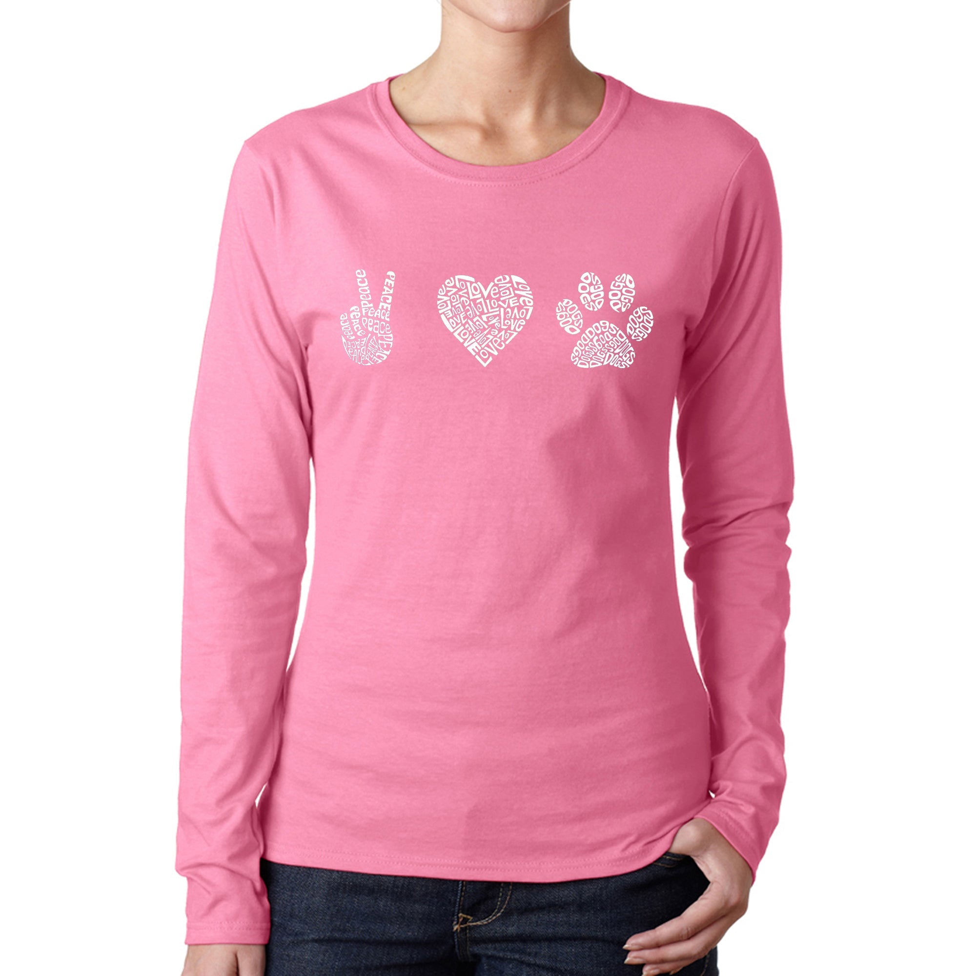 Peace Love Dogs - Women's Word Art Long Sleeve T-Shirt - Pink - Medium