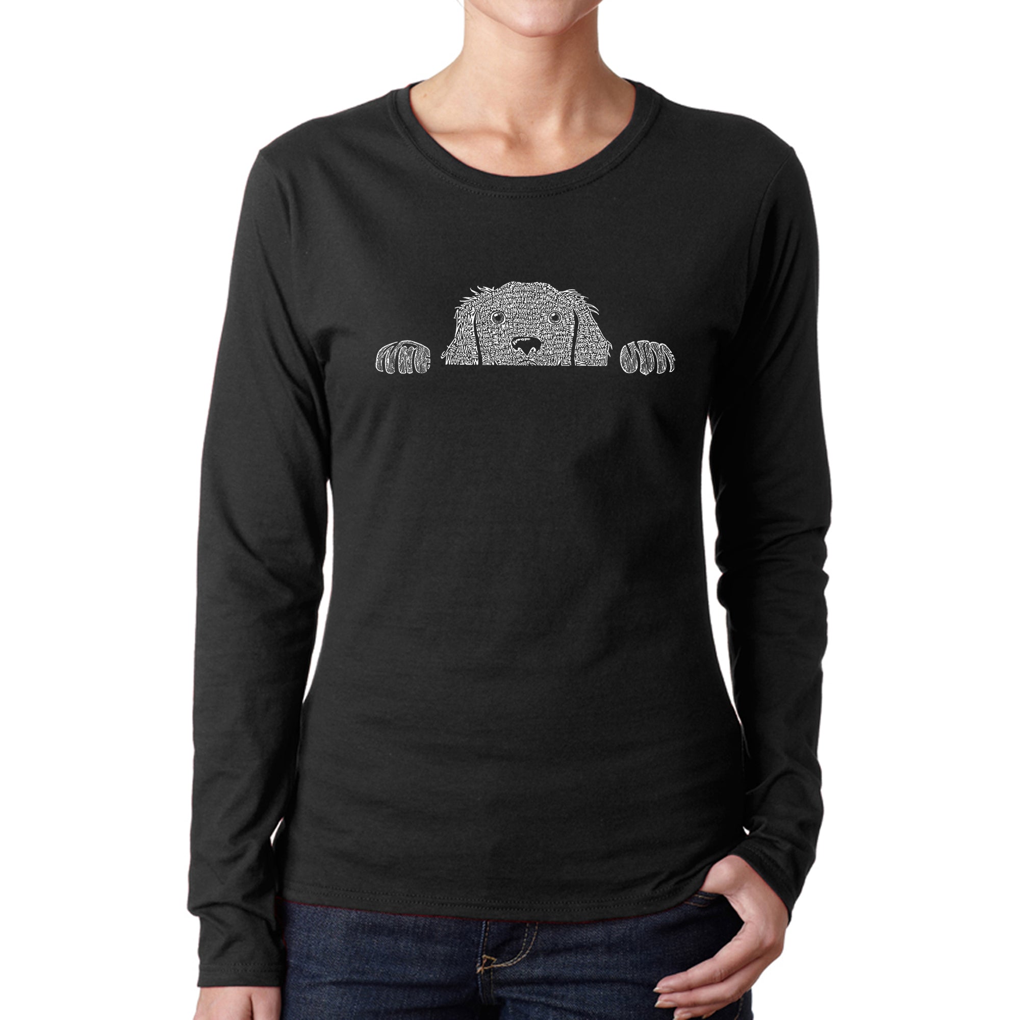 Peeking Dog - Women's Word Art Long Sleeve T-Shirt - Black - X-Large