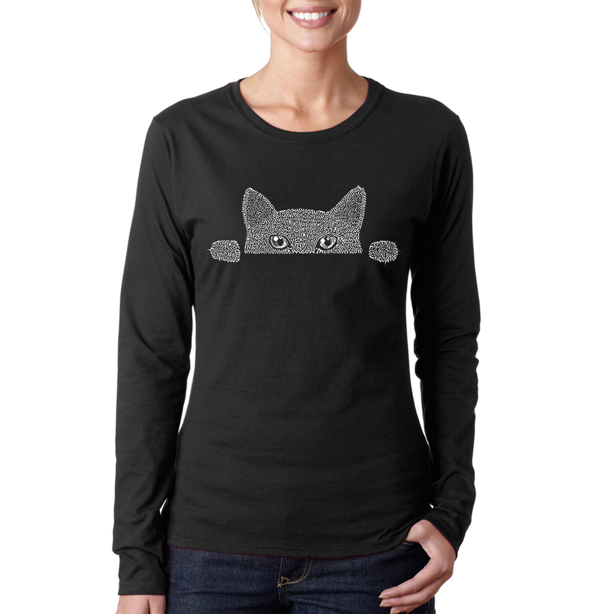 Peeking Cat - Women's Word Art Long Sleeve T-Shirt - Black - XX-Large