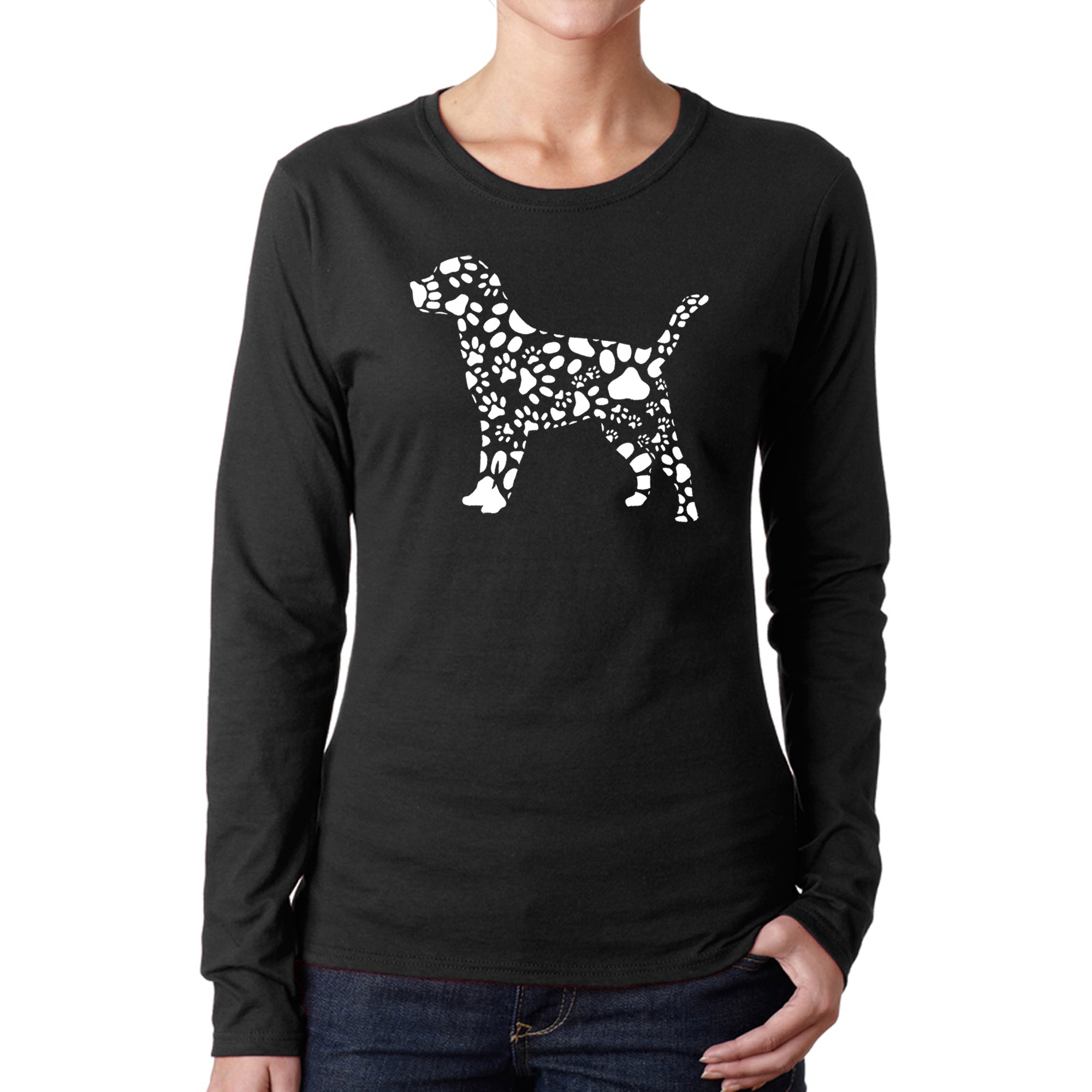 Dog Paw Prints - Women's Word Art Long Sleeve T-Shirt - Black - Large