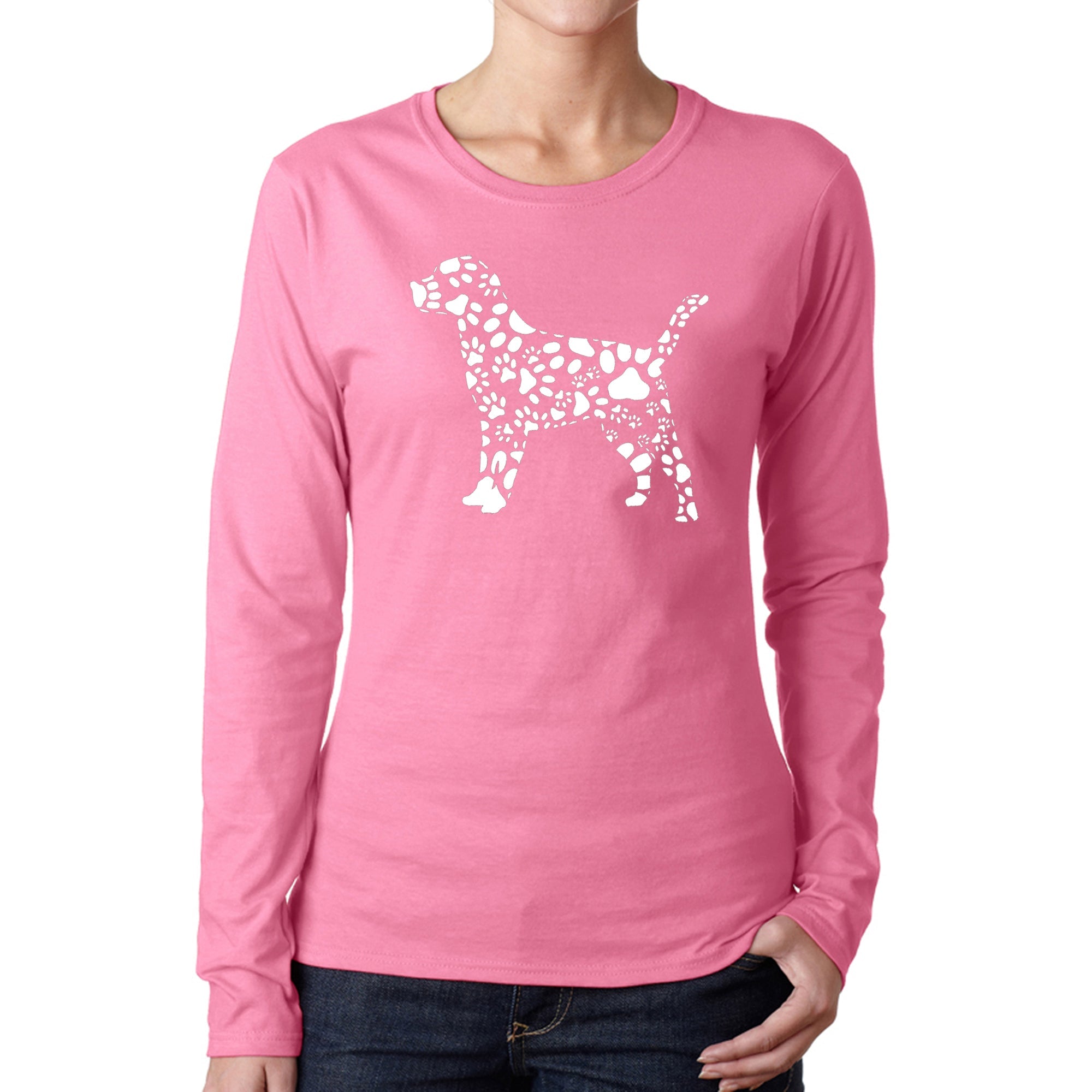 Dog Paw Prints - Women's Word Art Long Sleeve T-Shirt - Pink - Large