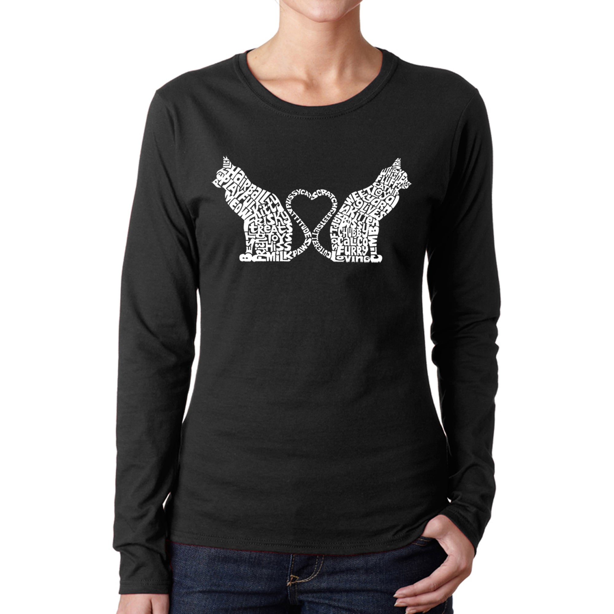 Cat Tail Hearts - Women's Word Art Long Sleeve T-Shirt - Black - Large
