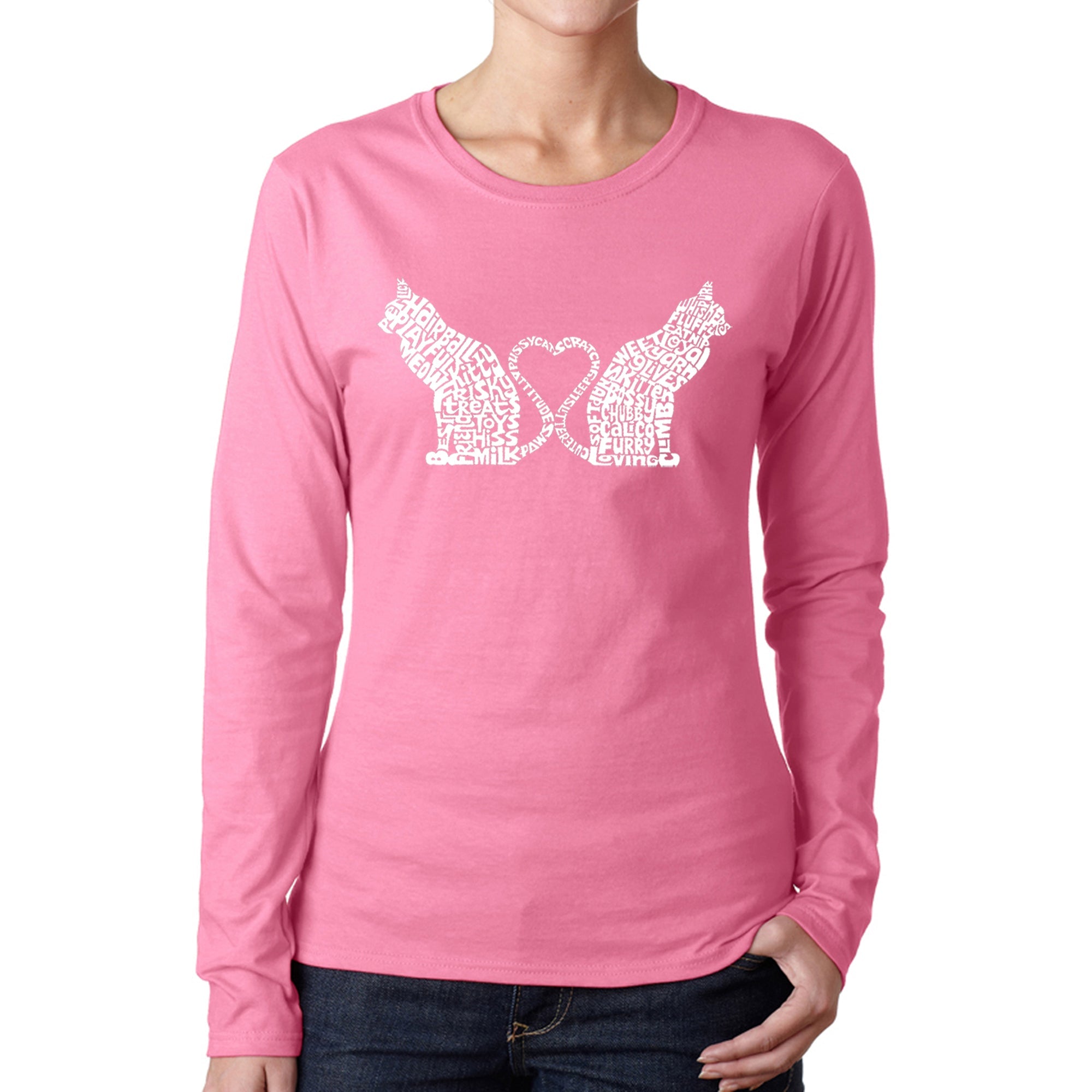 Cat Tail Hearts - Women's Word Art Long Sleeve T-Shirt - Pink - X-Large
