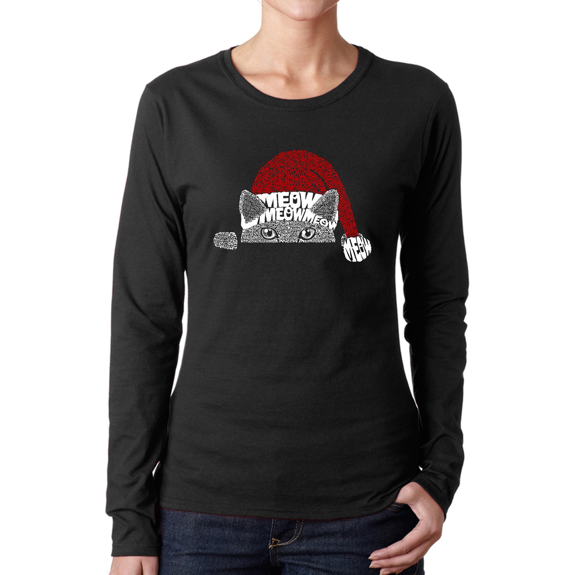 Christmas Peeking Cat - Women's Word Art Long Sleeve T-Shirt - Black - X-Large