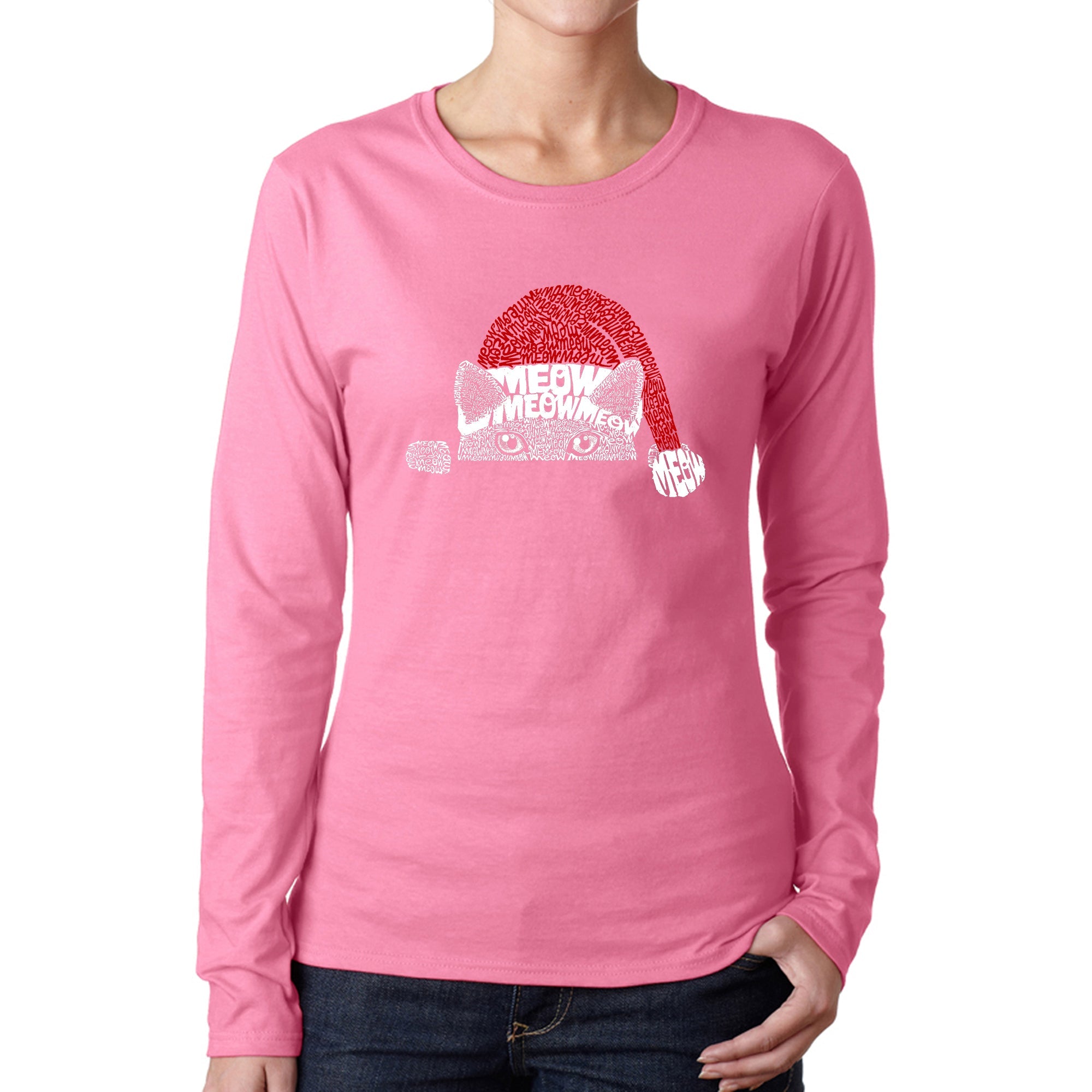 Christmas Peeking Cat - Women's Word Art Long Sleeve T-Shirt - Pink - Medium