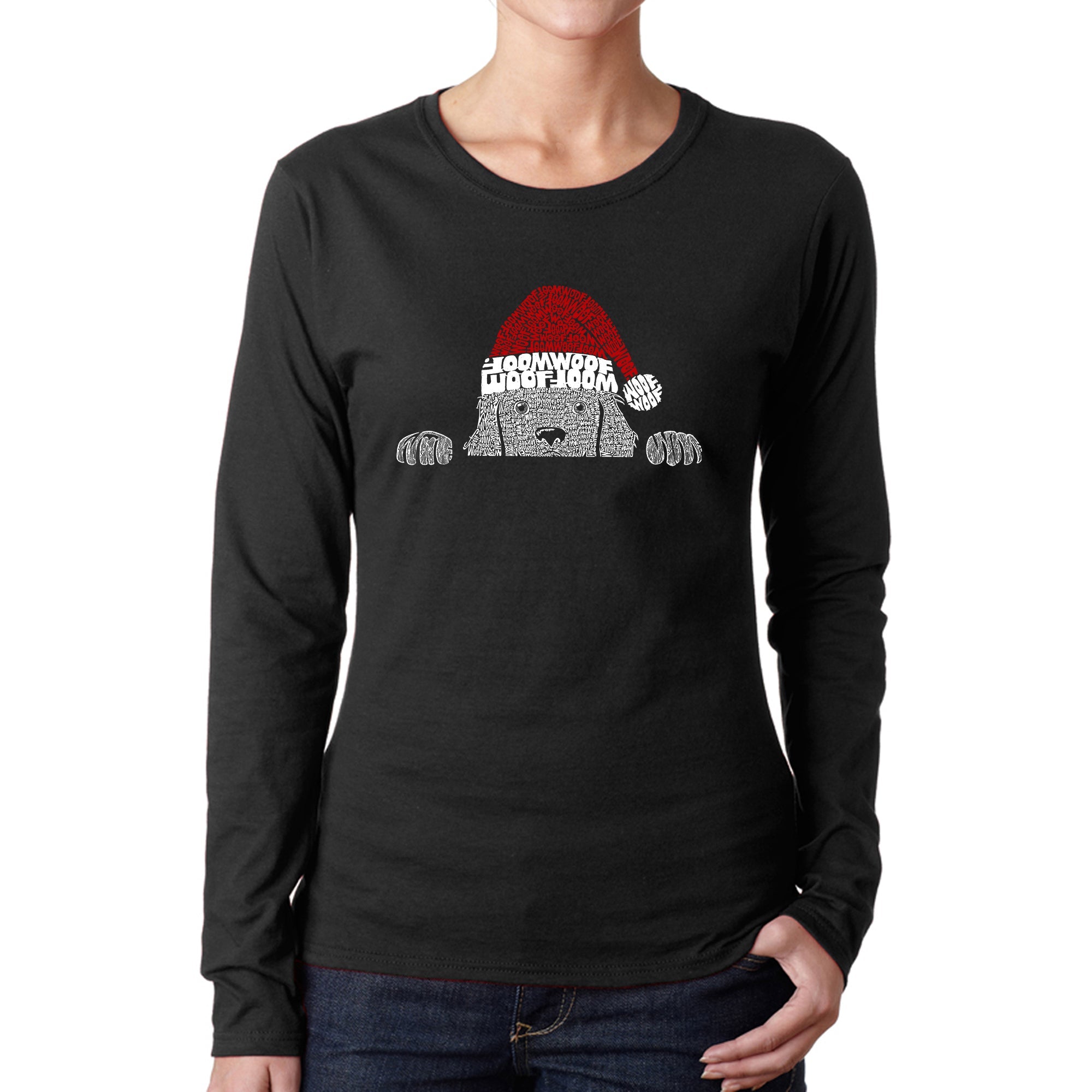 Christmas Peeking Dog - Women's Word Art Long Sleeve T-Shirt - Black - Small