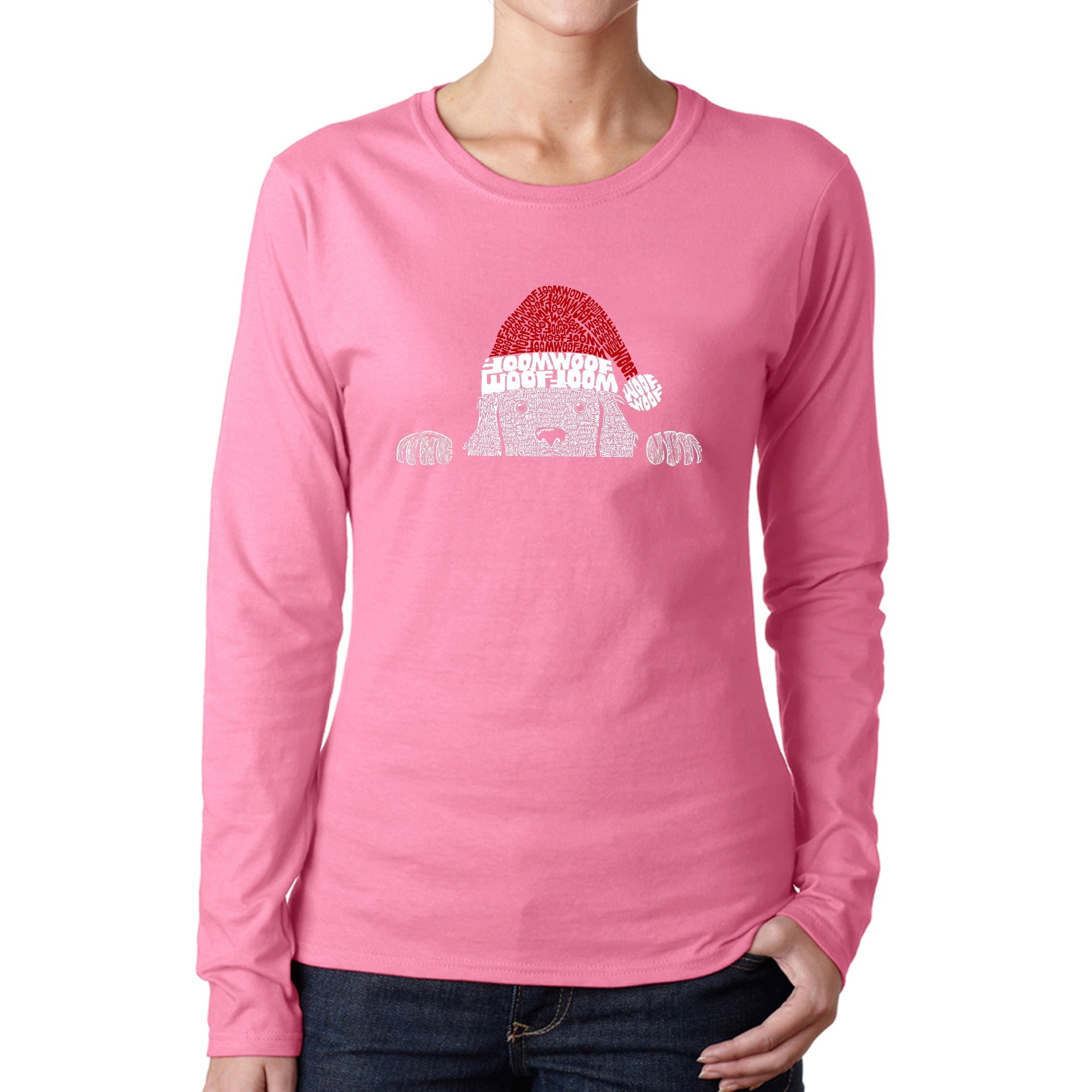 Christmas Peeking Dog - Women's Word Art Long Sleeve T-Shirt - Pink - Medium