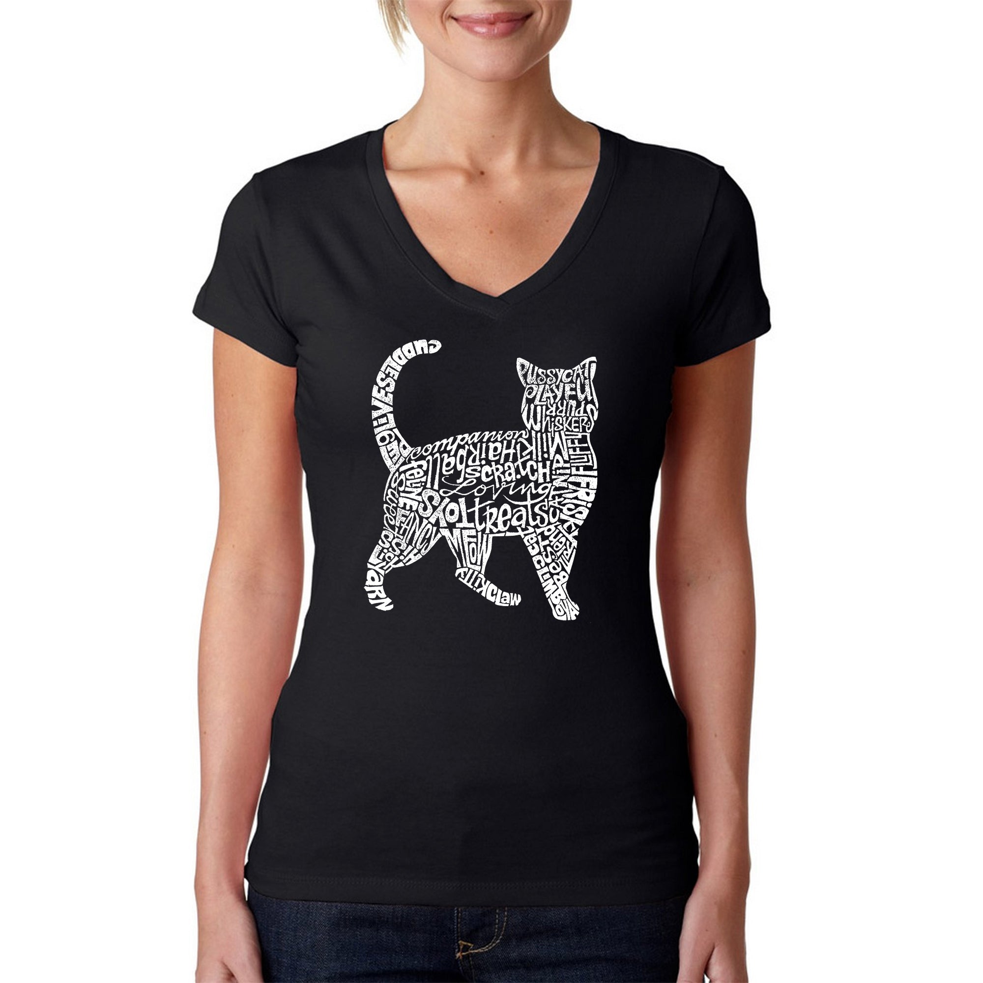Cat - Women's Word Art V-Neck T-Shirt - Black - Large