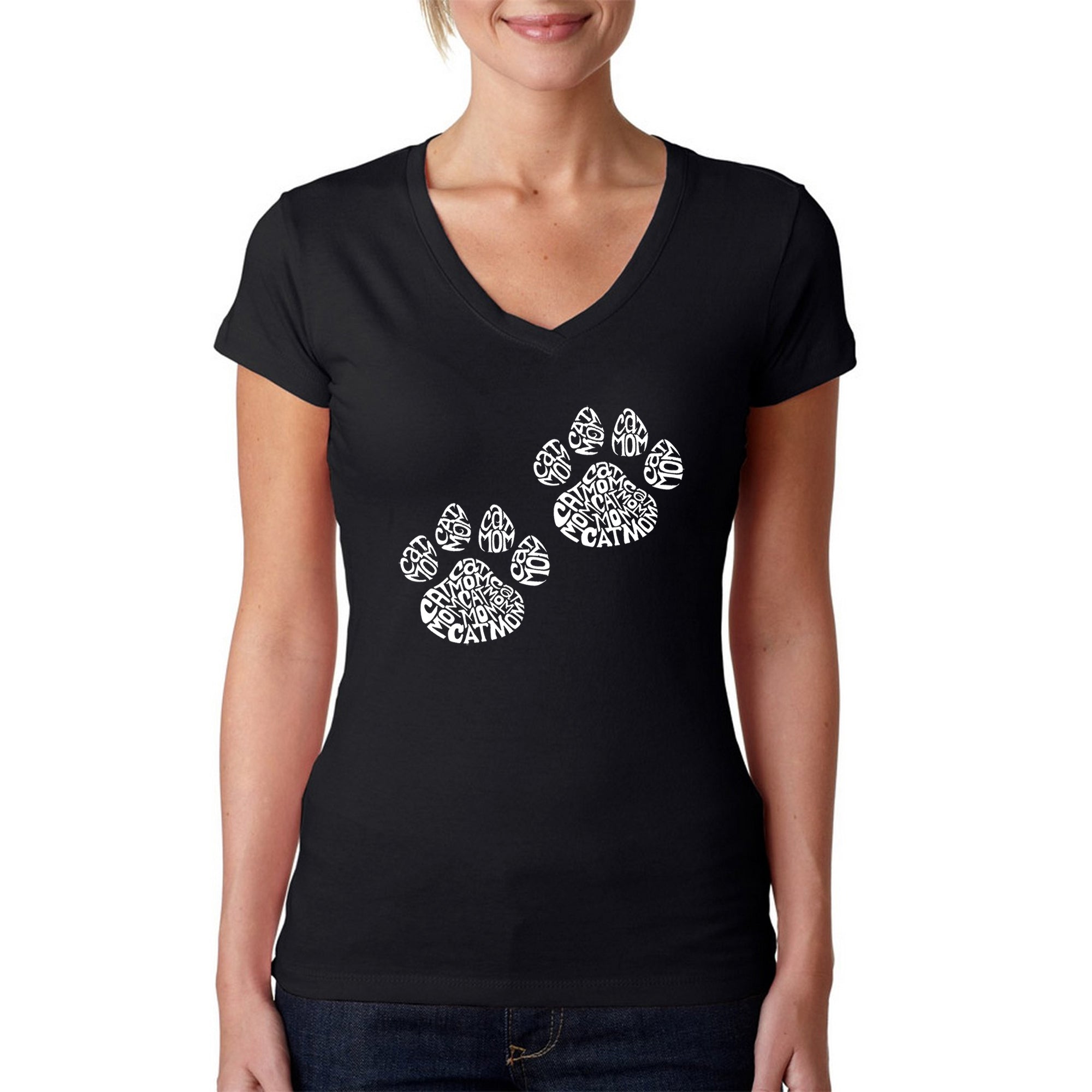 Cat Mom - Women's Word Art V-Neck T-Shirt - Black - Small