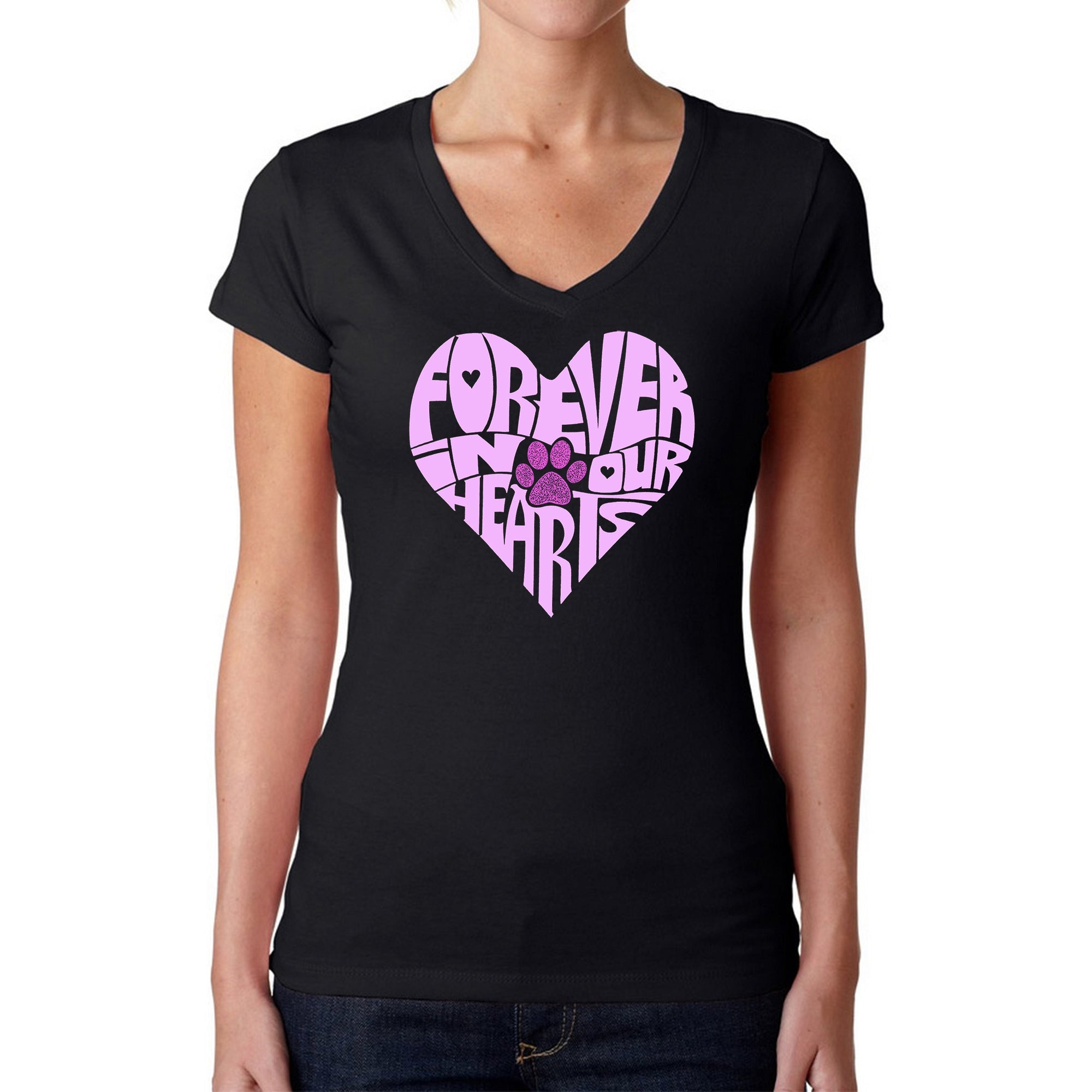 Forever In Our Hearts - Women's Word Art V-Neck T-Shirt - Black - X-Large