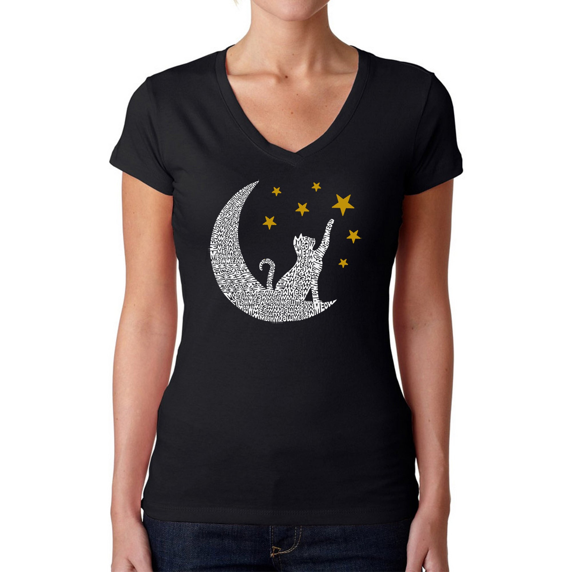 Cat Moon - Women's Word Art V-Neck T-Shirt - Medium - Black