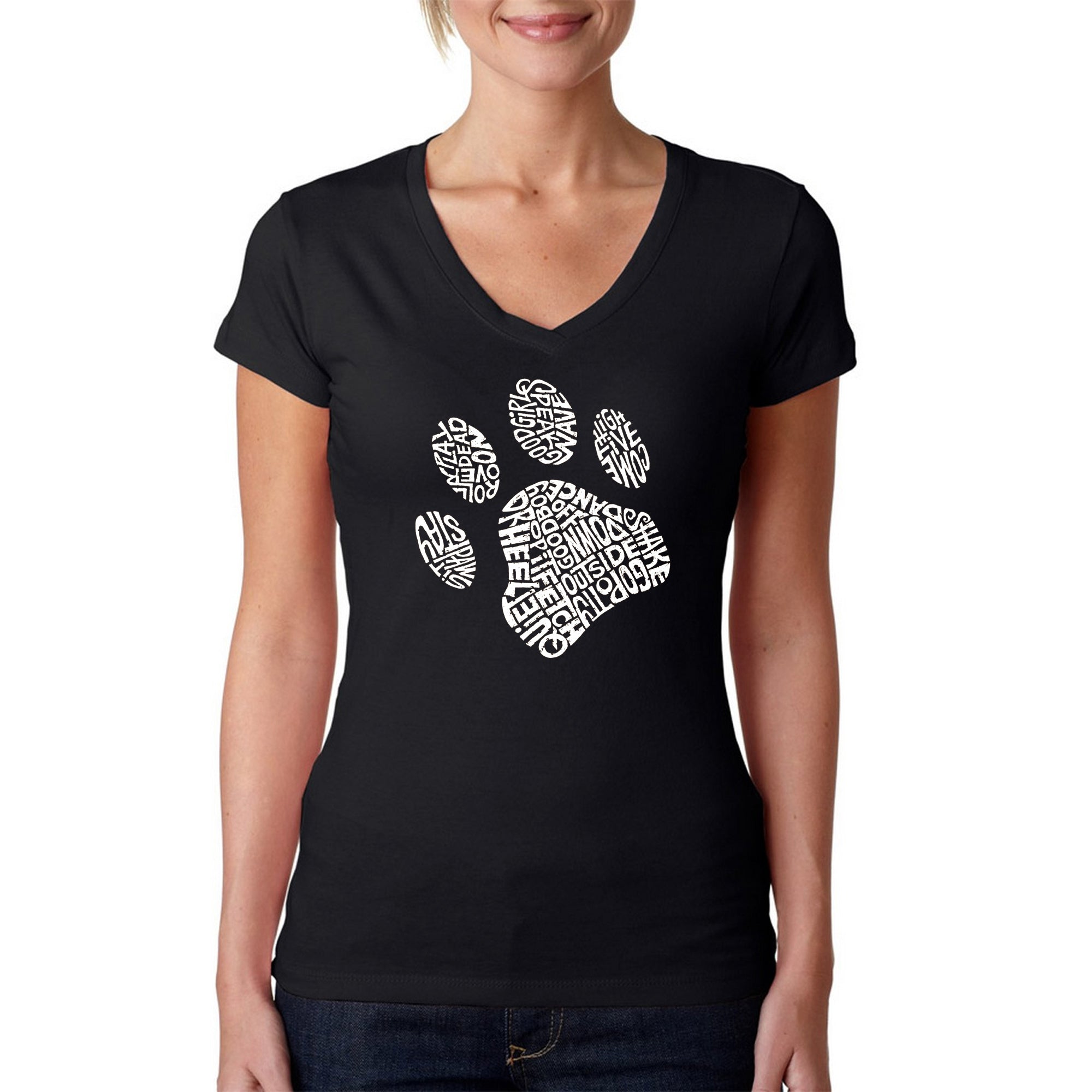 Dog Paw - Women's Word Art V-Neck T-Shirt - Black - XS