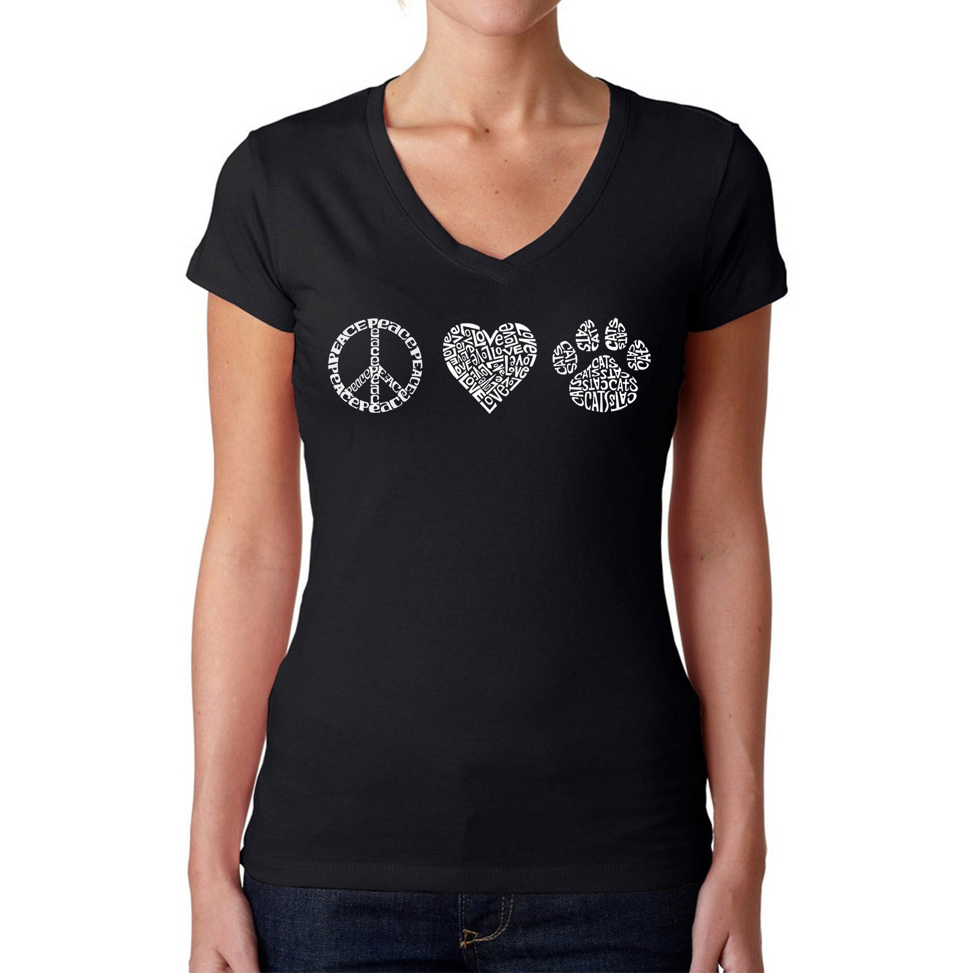Peace Love Cats - Women's Word Art V-Neck T-Shirt - Black - XX-Large