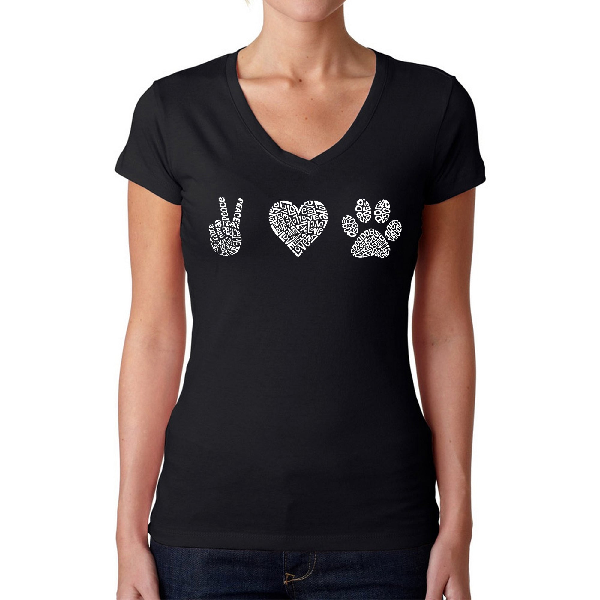 Peace Love Dogs - Women's Word Art V-Neck T-Shirt - Black - X-Large
