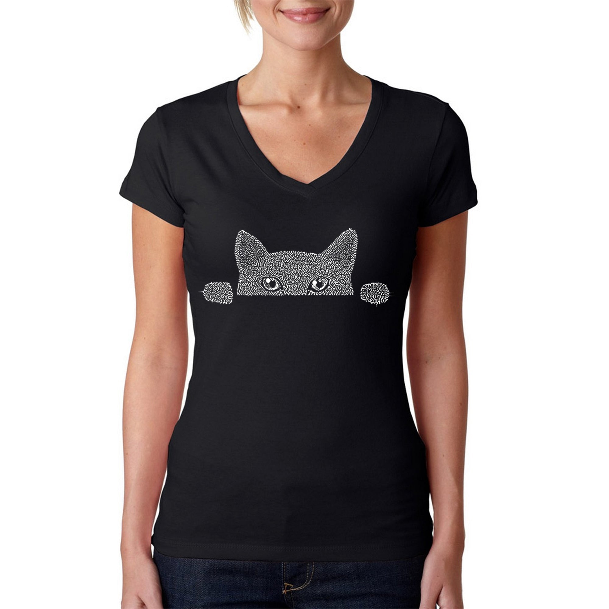 Peeking Cat - Women's Word Art V-Neck T-Shirt - Black - XX-Large