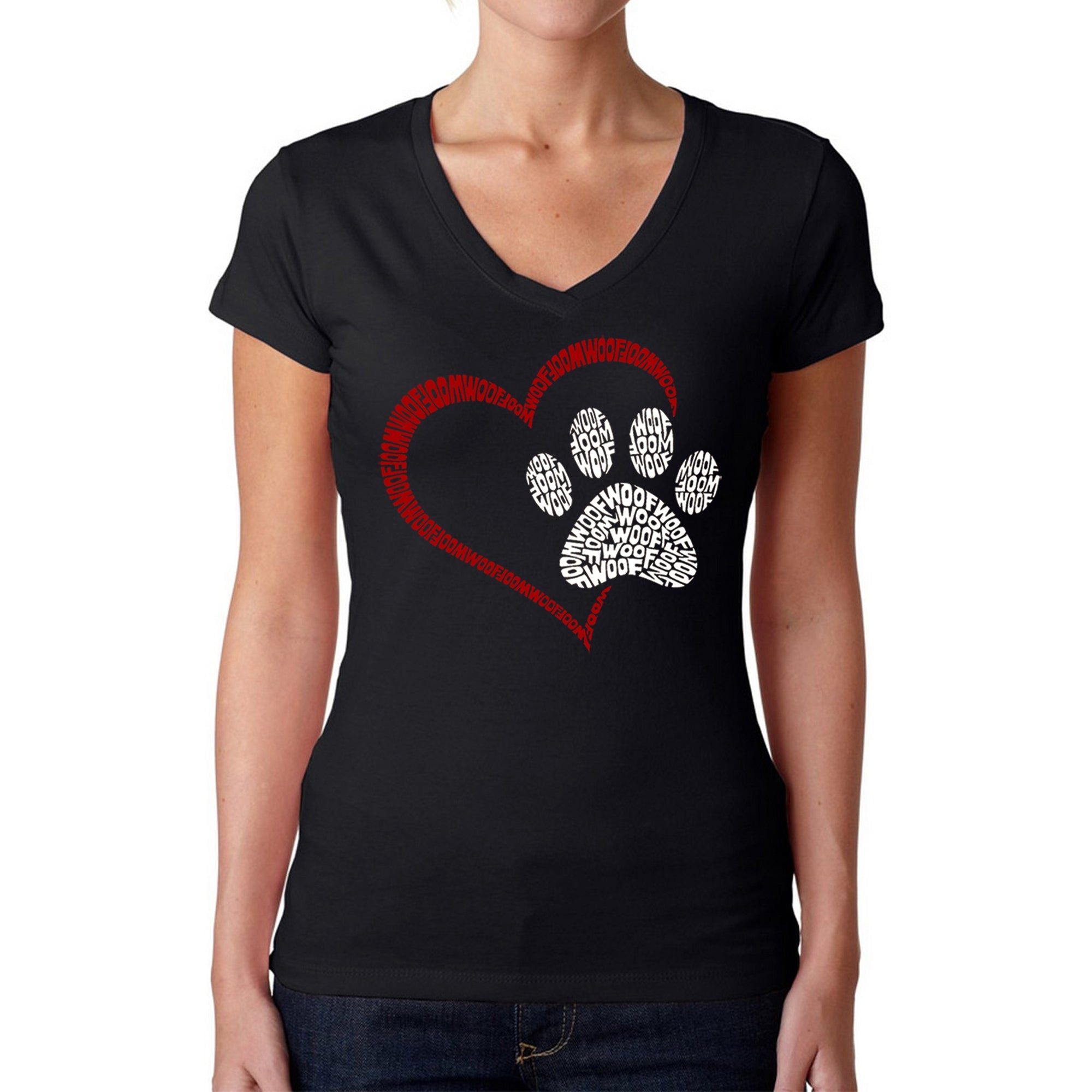 Paw Heart - Women's Word Art V-Neck T-Shirt - XX-Large - Black
