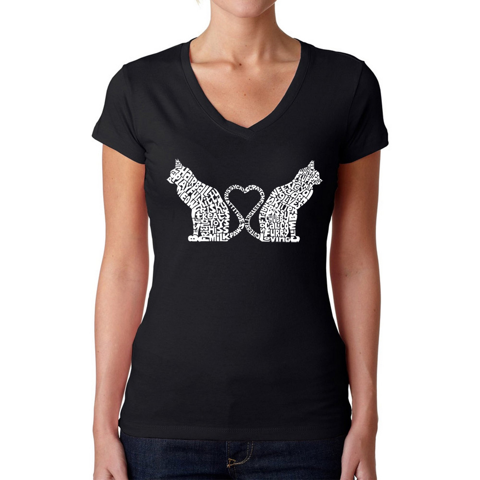Cat Tail Hearts - Women's Word Art V-Neck T-Shirt - Black - X-Large