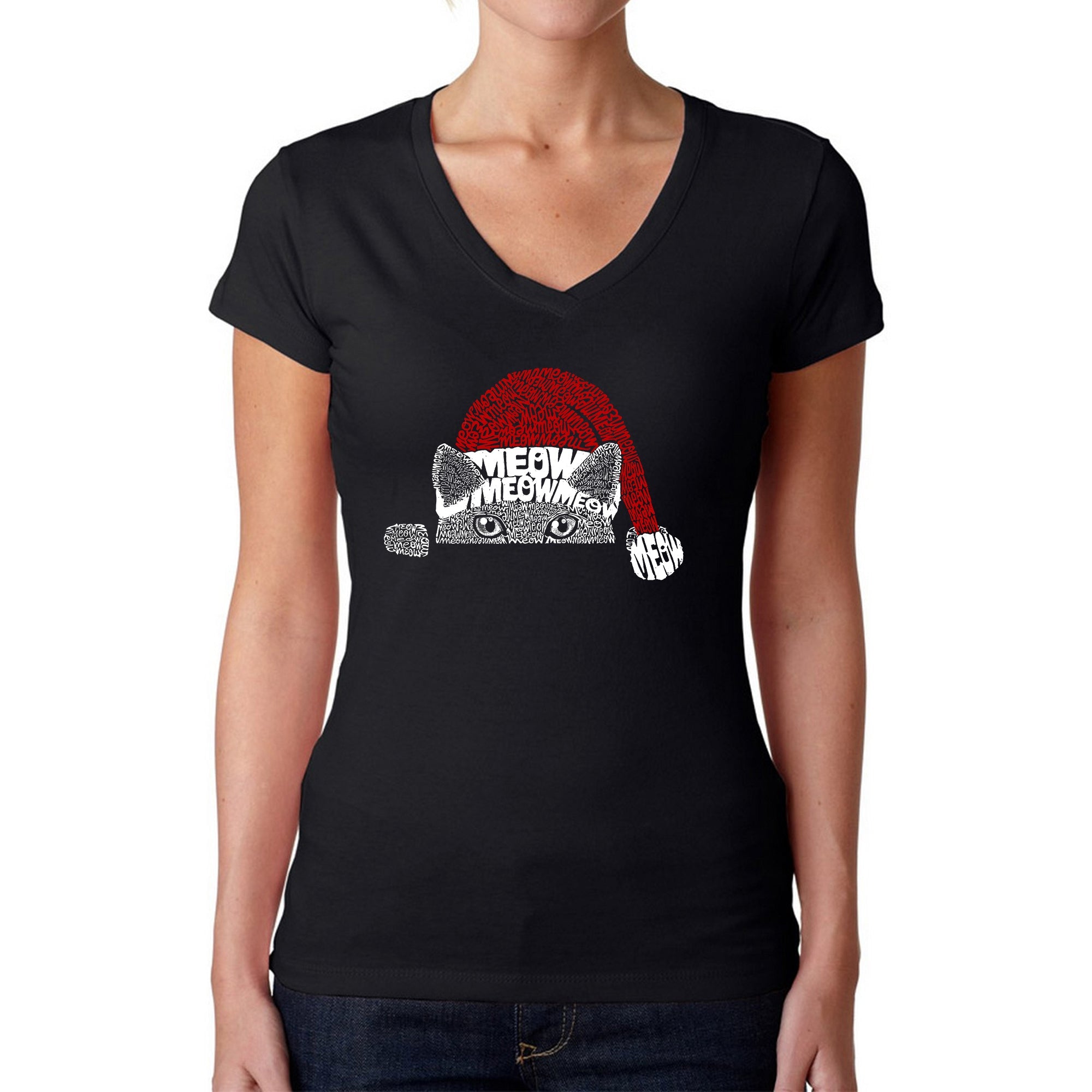 Christmas Peeking Cat - Women's Word Art V-Neck T-Shirt - Black - Small