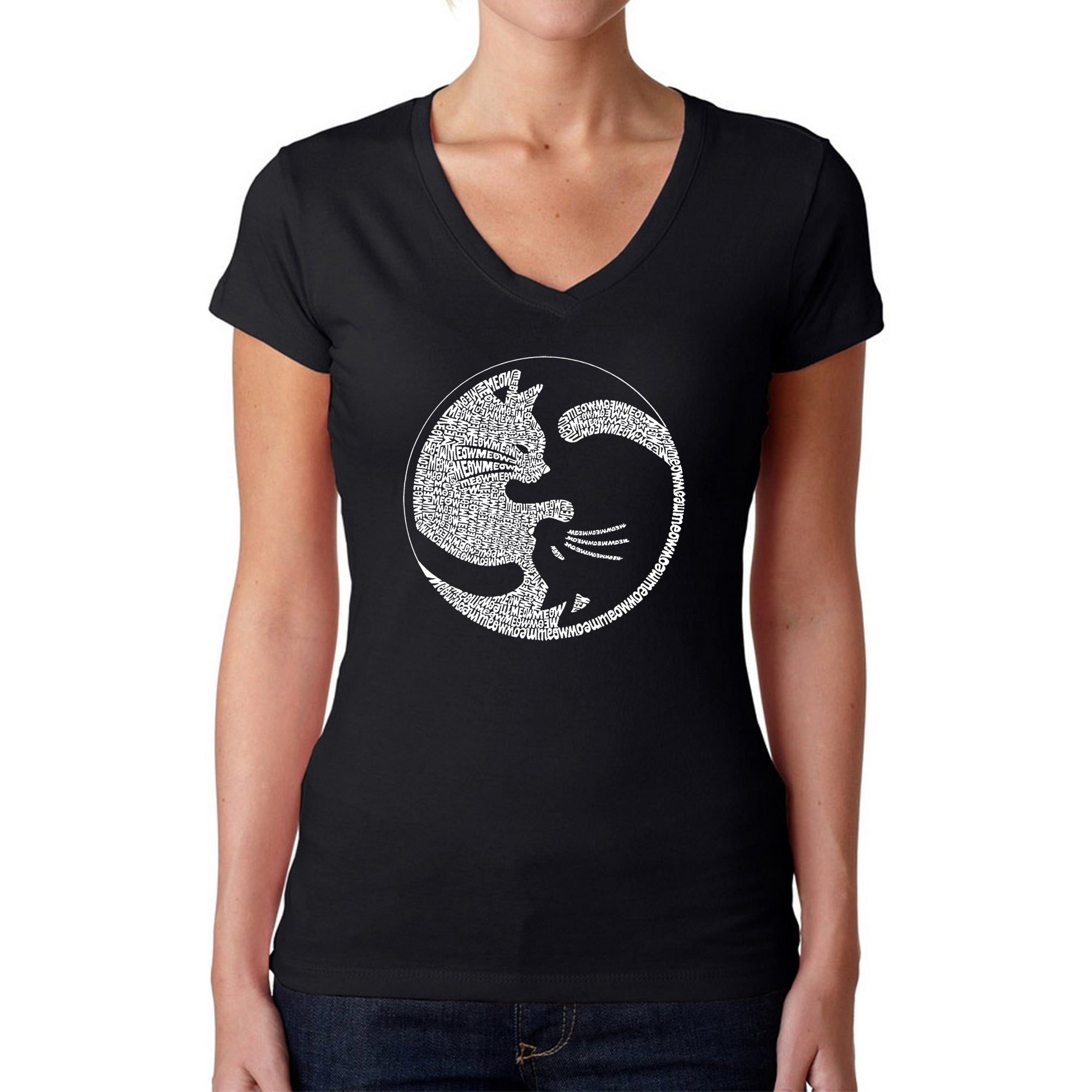 Yin Yang Cat - Women's Word Art V-Neck T-Shirt - Black - Small